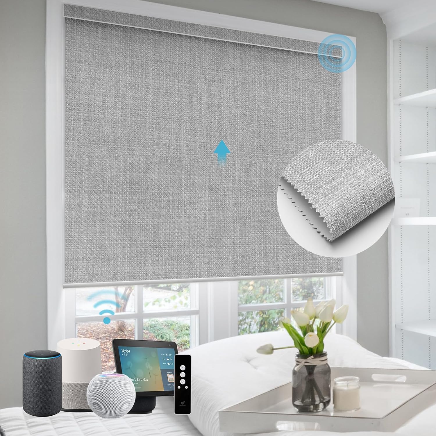 SmartWings Motorized Roller Shades Work with Homekit, Alexa Google, 100% Blackout Smart Blinds for Windows, Cordless Remote Control Window Shades, Vigor Pale Grey, Customized Size