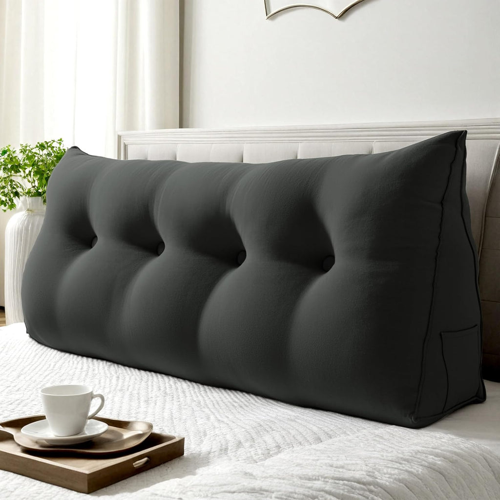 WOWMAX 85% Linen 15% Cotton Blend Headboard Pillow – Full Size Reading Wedge Backrest for Bed, Handmade Firm Support Bolster Cushion with Removable Cover, Premium Bed Rest Pillow, Black