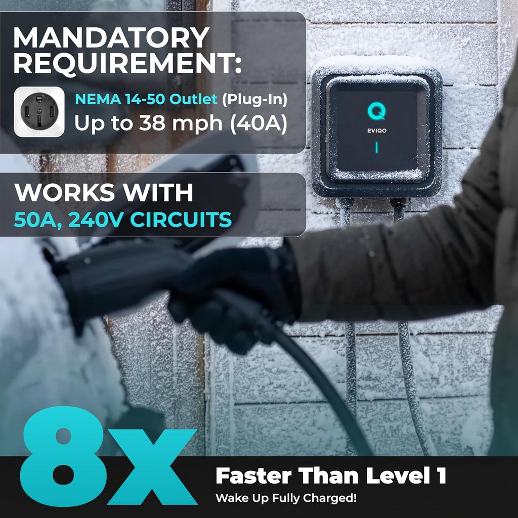 EVIQO Level 2 EV Charger 40 Amp - 9.6 kW 240V Wall Home EV Charger Level 2, NEMA 14-50 Plug, J1772 25' Cable - Enhanced Wi-Fi – UL, ETL Certified EVSE, Smart Electric Vehicle Charging Stations – GEN 2