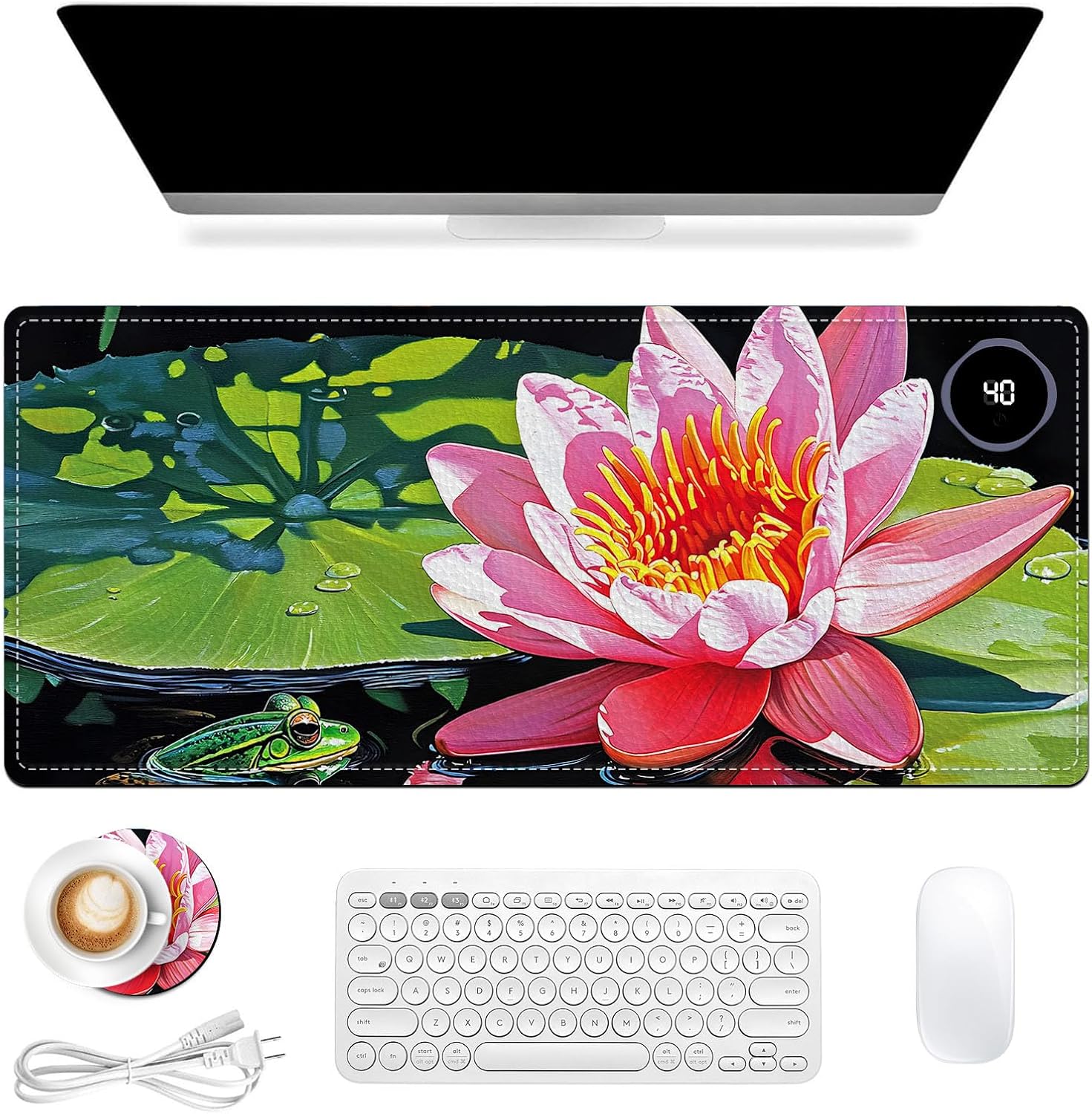 Heated Mouse Pad, Warm Desk Pad, Keyboard Mat 31.5 x 13 Inch Large Size Intelligent Fast Heating, 3 Speed Adjustable, Timed Auto Power Off for Game Office Home,Lotus Flower