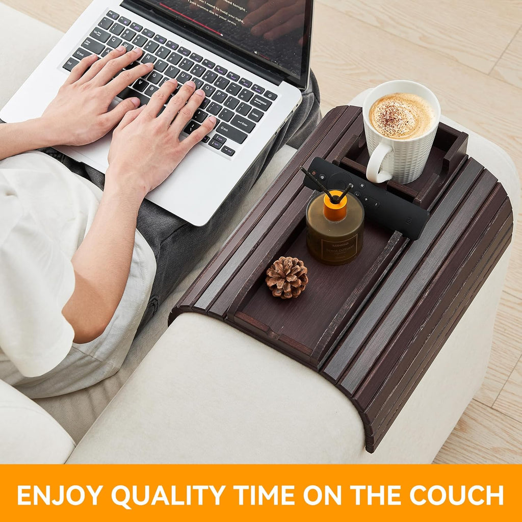 GEHE Bamboo Couch Cup Holder, Anti-Spill Sofa Arm Tray, Natural and Easy to Clean Couch Arm Cup Holder Armrest Tray Perfect for Cups, Beers, Snacks, Remote Control, Drinks