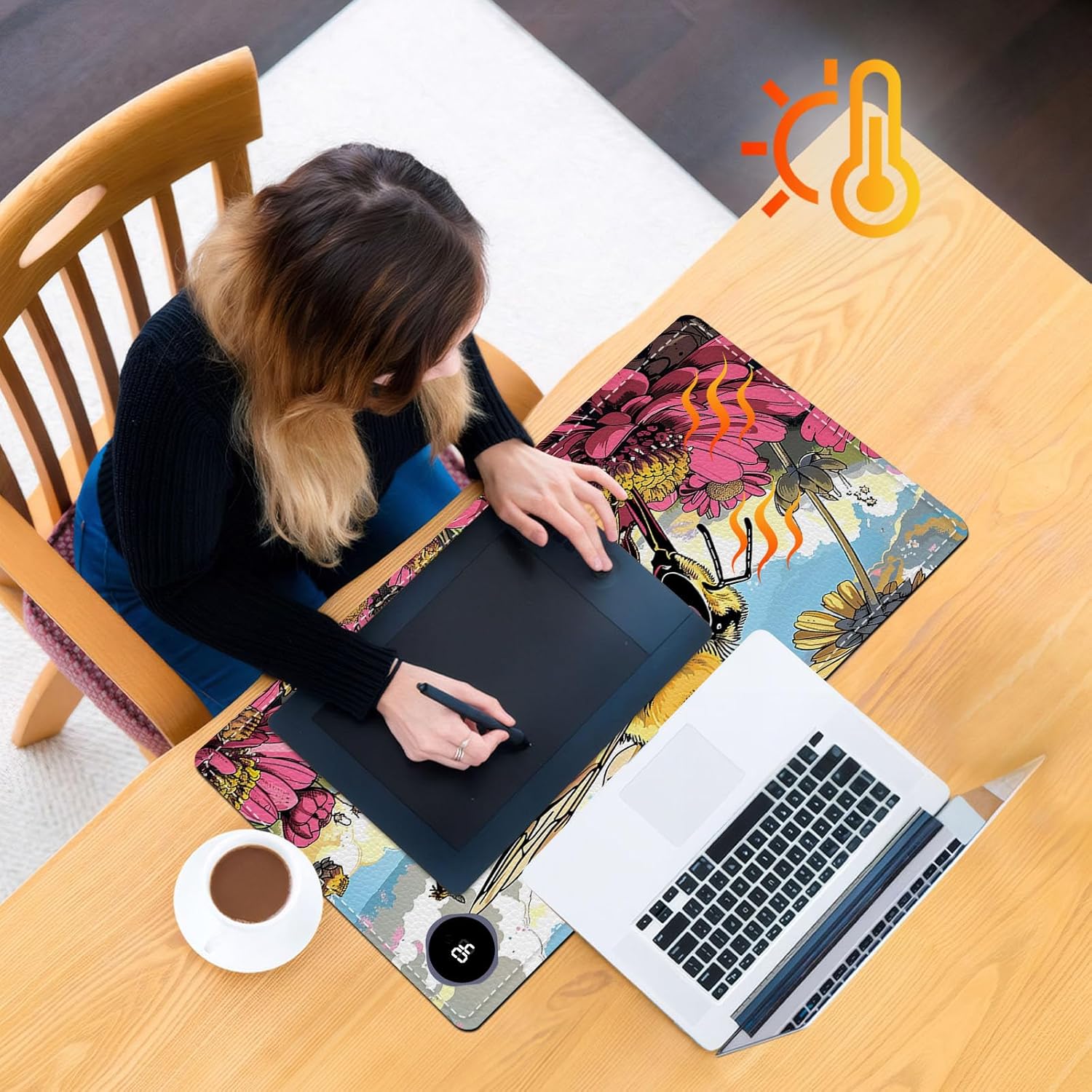 Heated Mouse Pad, Warm Desk Pad, Keyboard Mat 23.6 x 14 Inch Large Size Intelligent Fast Heating, 3 Speed Adjustable, Timed Auto Power Off for Game Office Home, Bees Collect Honey