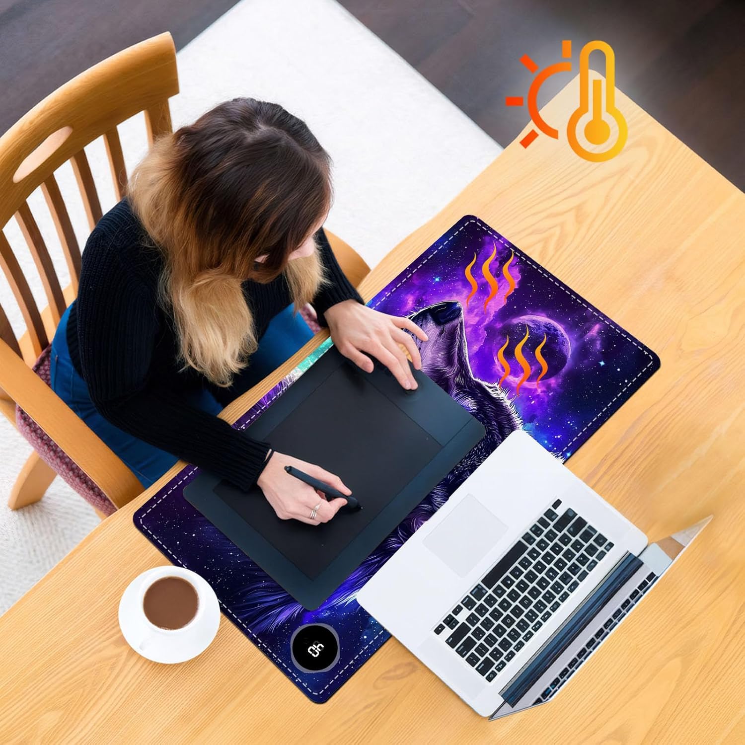 Heated Mouse Pad, Warm Desk Pad, Keyboard Mat 23.6 x 14 Inch Large Size Intelligent Fast Heating, 3 Speed Adjustable, Timed Auto Power Off for Game Office Home, Galaxy Wolf