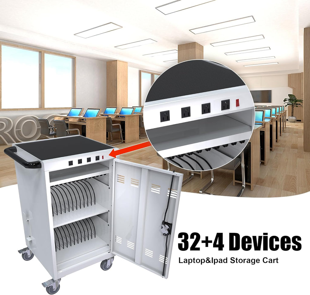 Laptop Charging Cart, 31+4 Charging Ports Laptop Storage Cart, 35-Bay Mobile Charging Cabinet for iPads up to 16.3", Chromebook Devices, Cord Management, Access Lock.School,Business.White