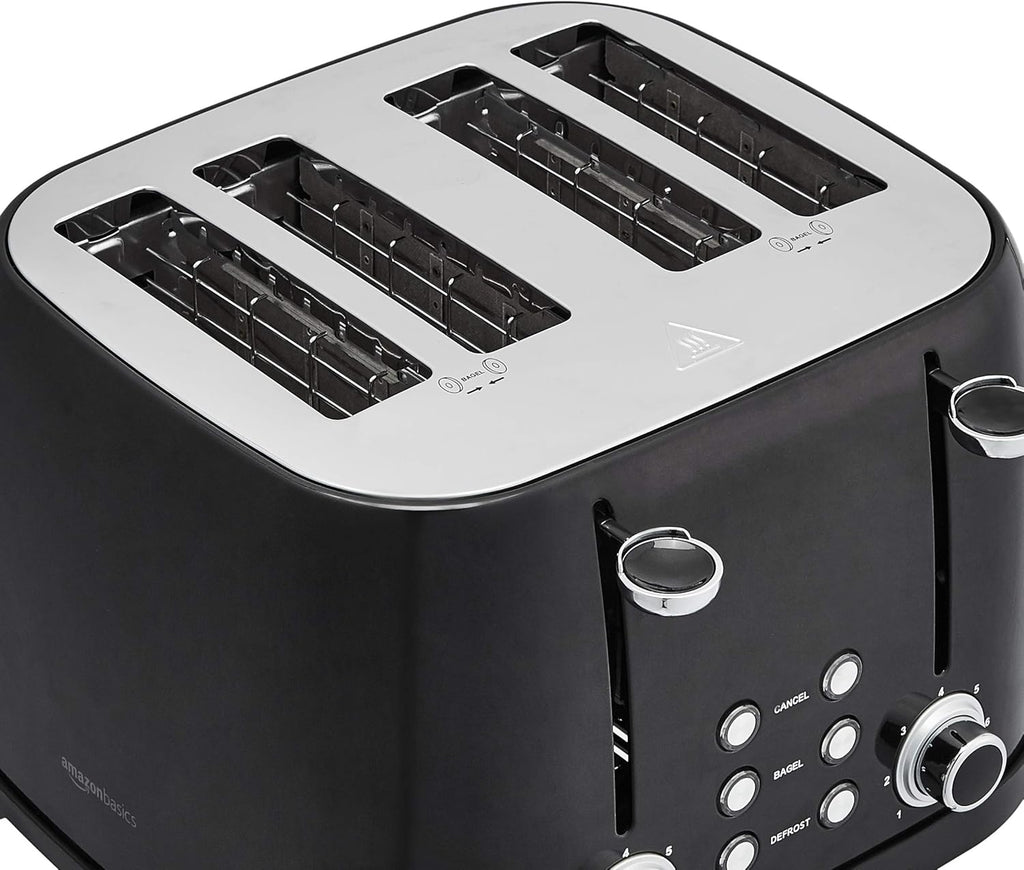 Amazon Basics 4 Slice Toaster, 6 Browning Settings, Removable Crumb Tray, Bagel and Defrost Function, Cancel Button, 1600W, Black