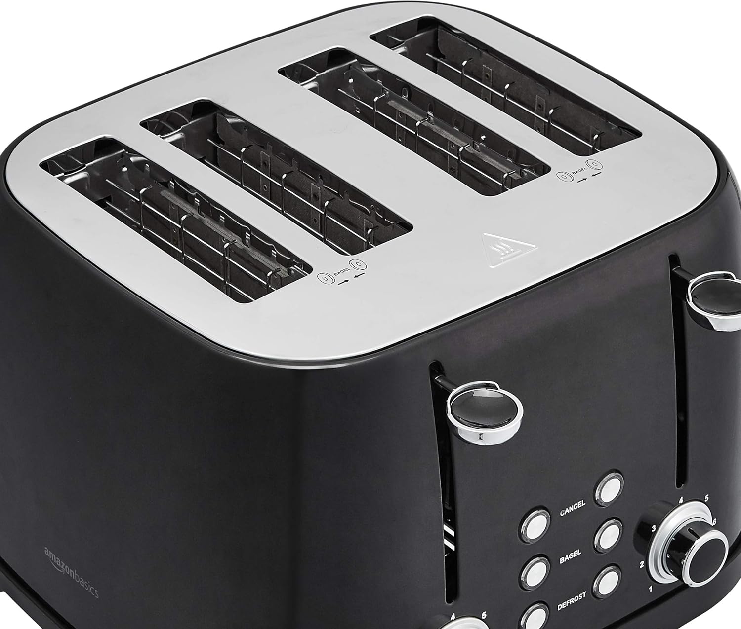 Amazon Basics 4 Slice Toaster, 6 Browning Settings, Removable Crumb Tray, Bagel and Defrost Function, Cancel Button, 1600W, Black