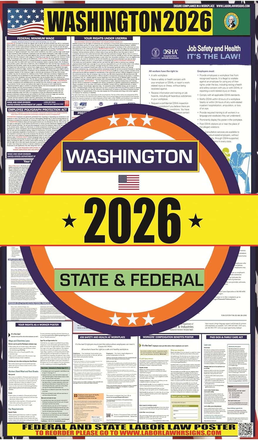 2026 Washington (WA) State Labor Law Poster - State, Federal and OSHA Compliant Laminated Poster - Ideal for Posting in The Workplace - Perfect for Common Rooms and Cafeterias - 20 Inch by 36 Inch