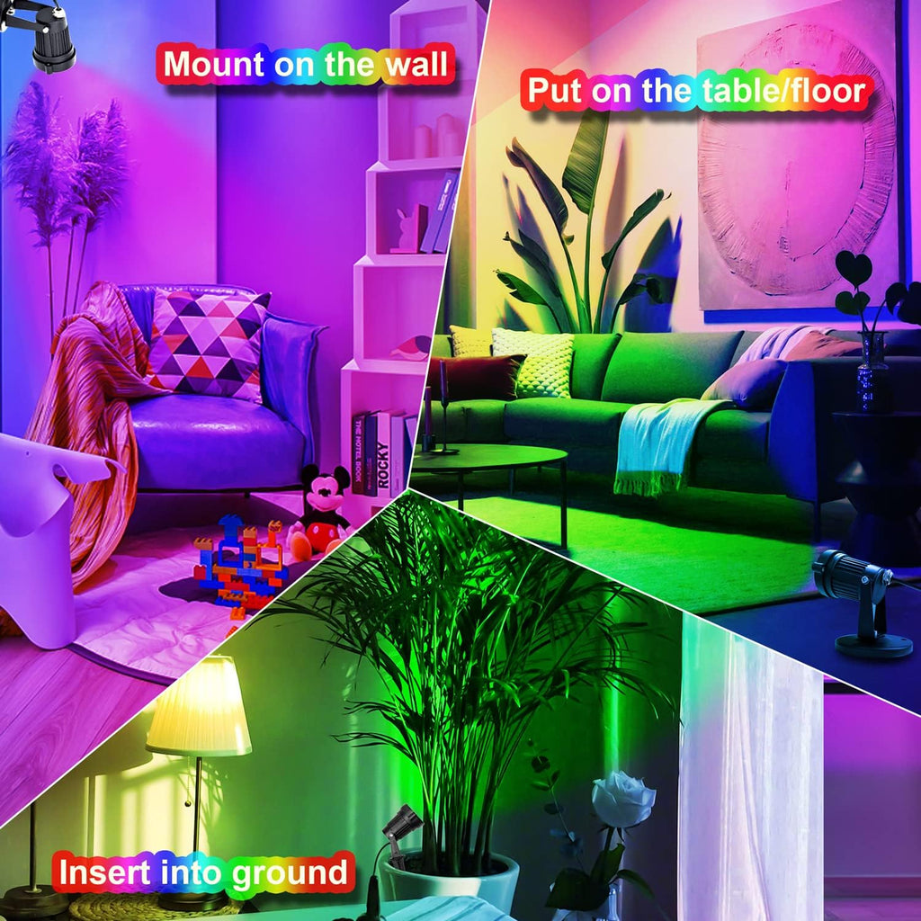 Christmas Spot Lights Indoor, 5W RGBW Uplighting 16 Color Changing Up Lights Indoor with Remote Control, Plant Spotlight Decorative (2 Pack with Base and Stake)
