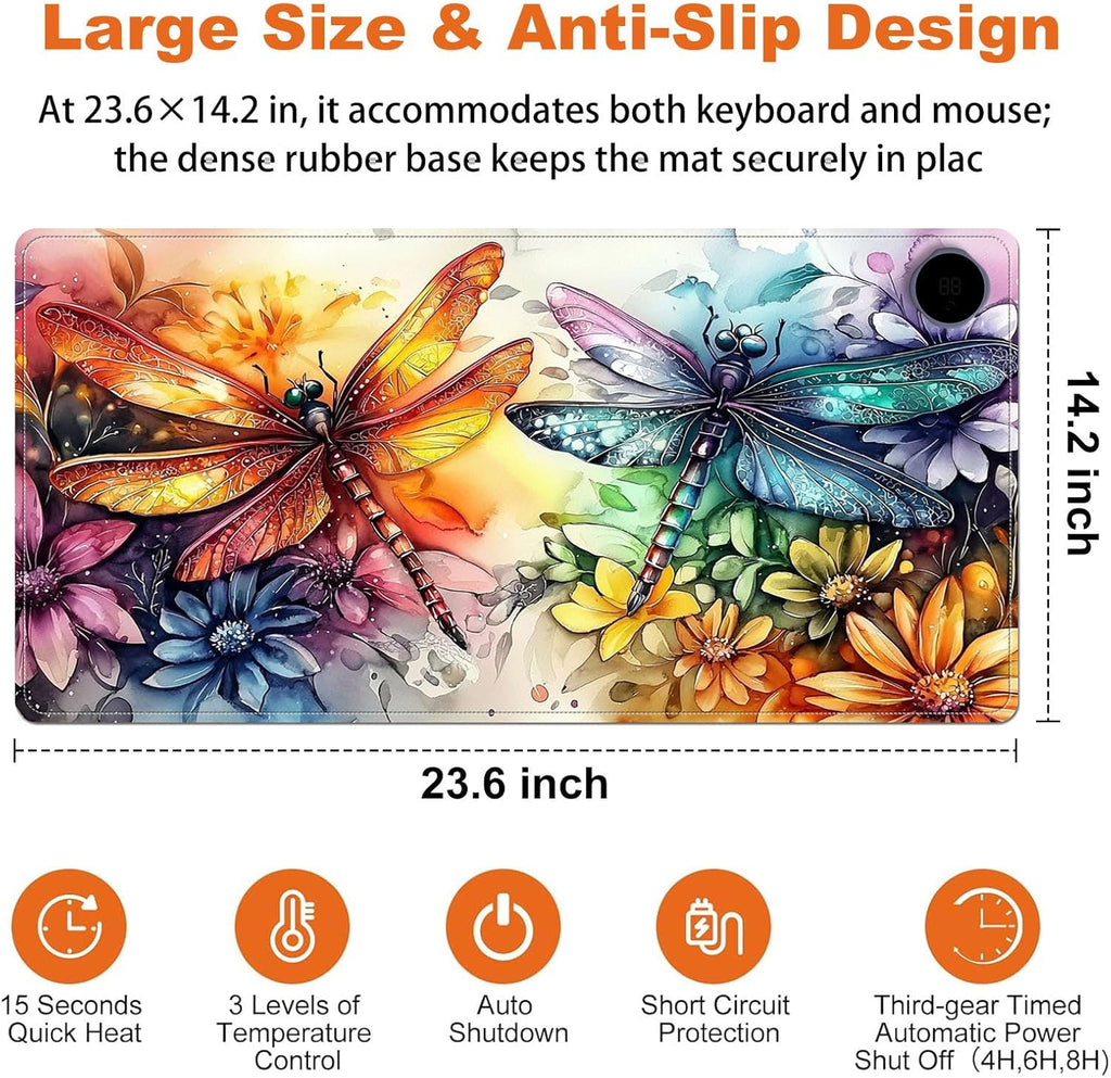 Small Heated Desk Pad 23.6" x 14.2" – Compact Electric Mouse Pad with 3 Heating Levels, Auto Shut-Off, Waterproof PU Surface, Plug-in Warmer for Office or Home Use, Colorful Dragonflies