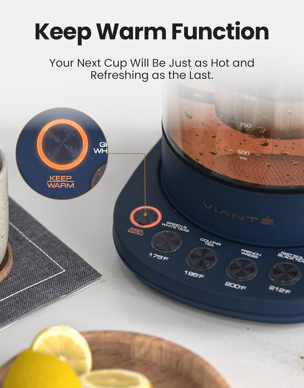 Vianté Electric Kettle With Infuser For Loose Leaf Tea. Hot Tea Maker With Temperature Control And Automatic Shut Off. Kettle With Brewing Programs. 1.5 Liters Capacity | Midnight Blue Color