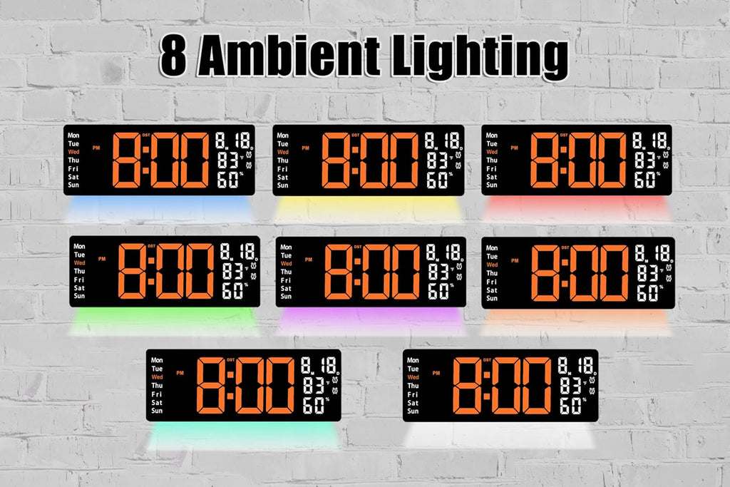 17.5 Inch Orange LED Digital Wall Clock with 8 Ambient Light Colors｜Displays Time,Date,Day,Temperature&Humidity,Dual Alarms,Countdown&Stopwatch,DST,10-Level Auto/Manual Brightness｜Modern Silent Clock