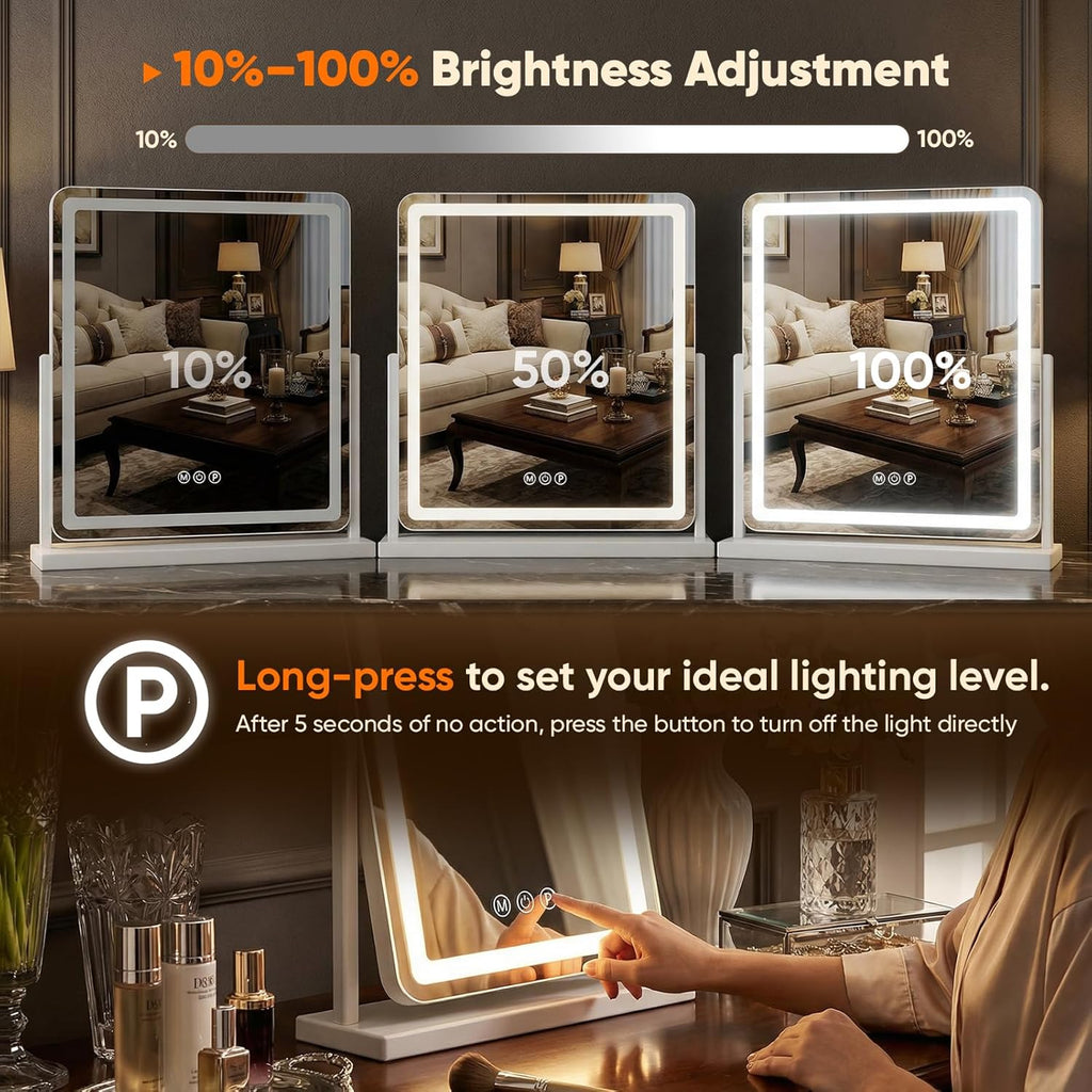 Antok Vanity Mirror with Lights, 22"X19" Lighted Makeup Mirror, Smart Touch, 3 Color Modes and Brightness Adjustable, LED Vanity Mirror with Detachable 10X Magnification, 360° Rotation for Makeup Desk