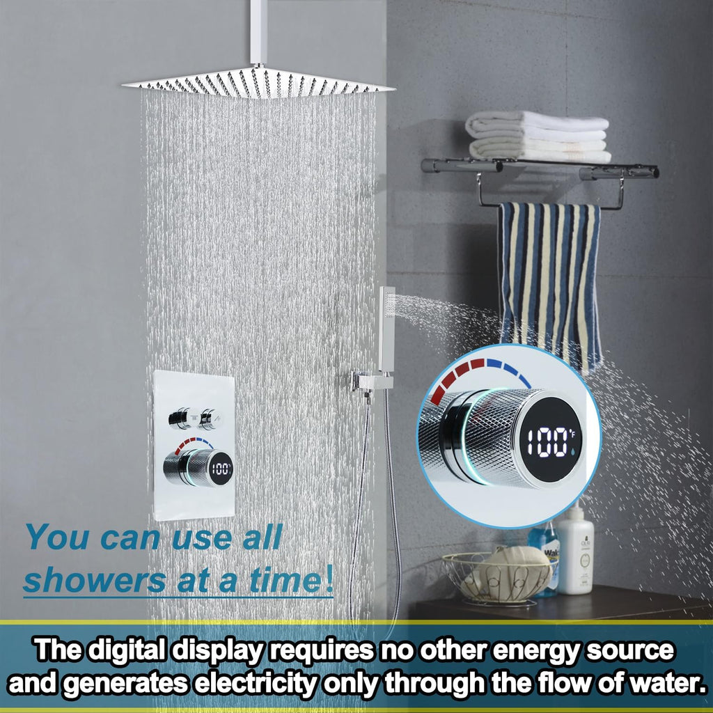 Digital Display Shower System Set 16 Inches Rain Fall Head Temperature Valve Shower Handheld Shower Head Sets for Bathroom Concealed Installation