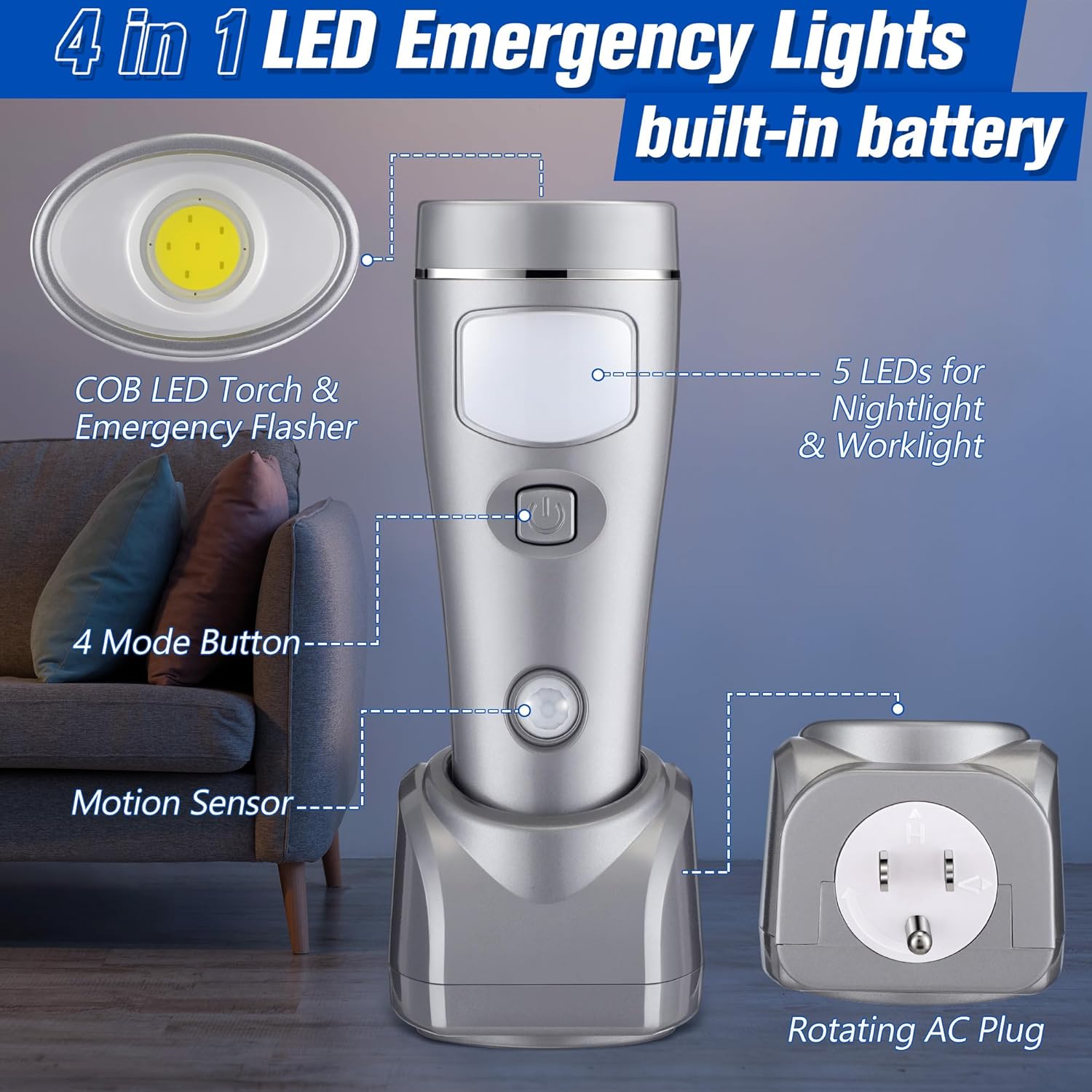 Enhon 9 Pack Rechargeable 4-in-1 LED Emergency Lights, Plug-in Flashlights with Motion Sensor Night Light, Auto-On Power Failure Light for Home, Hurricane, and Outage Supplies