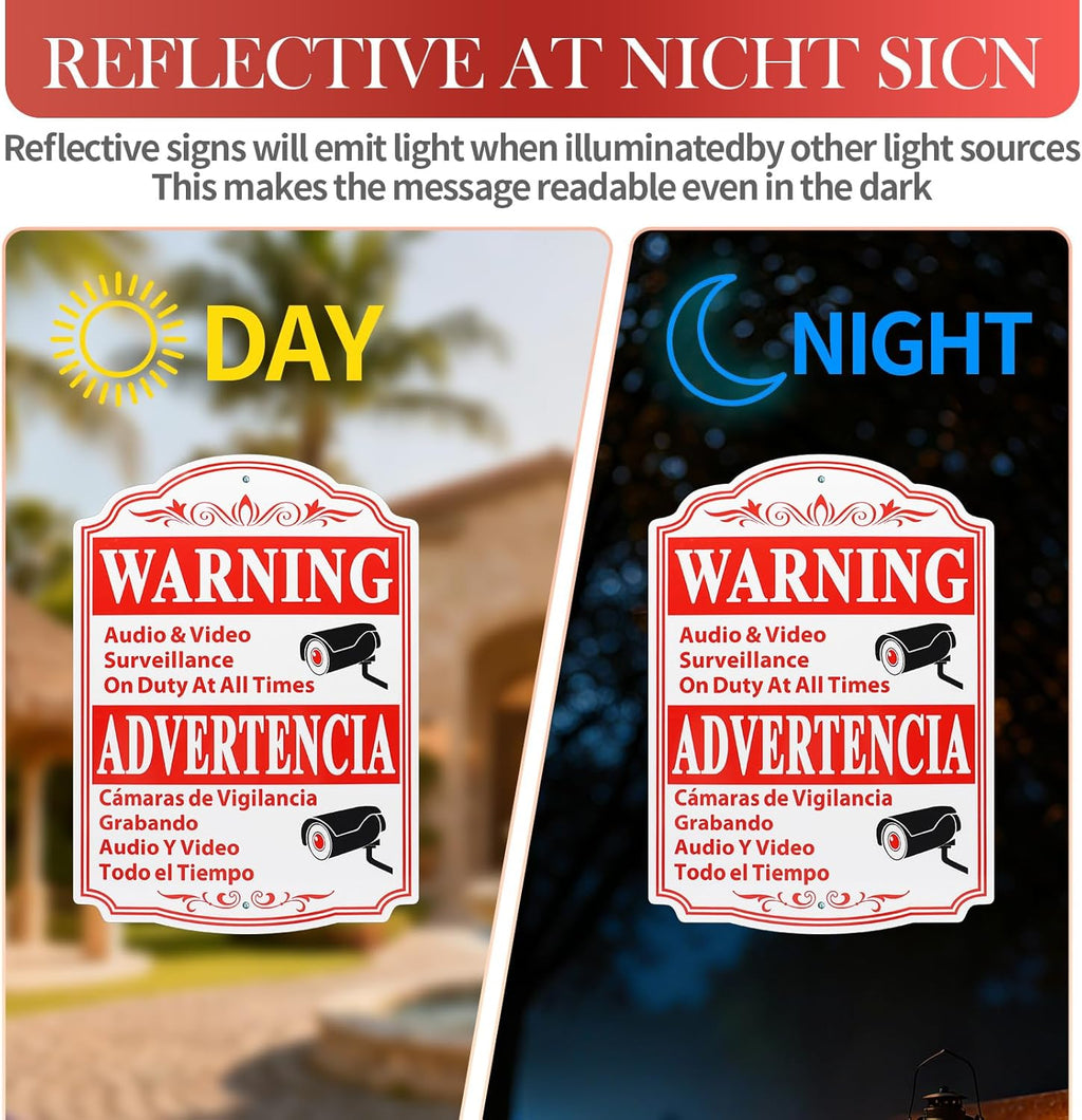 8 Pcs Video Surveillance Sign Private Property, 13.5 x 9.5 inch Thick Aluminum Reflective Sign Warning Advertencia Sign Aluminum UV Ink Printed for Home Business