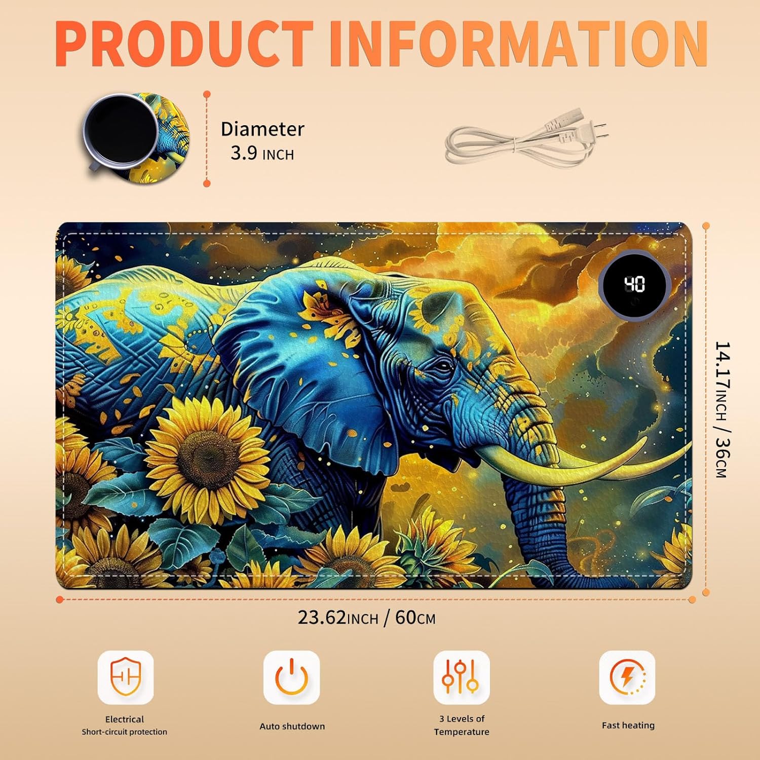 Heated Mouse Pad, Warm Desk Pad, Keyboard Mat 23.6 x 14 Inch Large Size Intelligent Fast Heating, 3 Speed Adjustable, Timed Auto Power Off for Game Office Home, Elephant in Sunflower Field