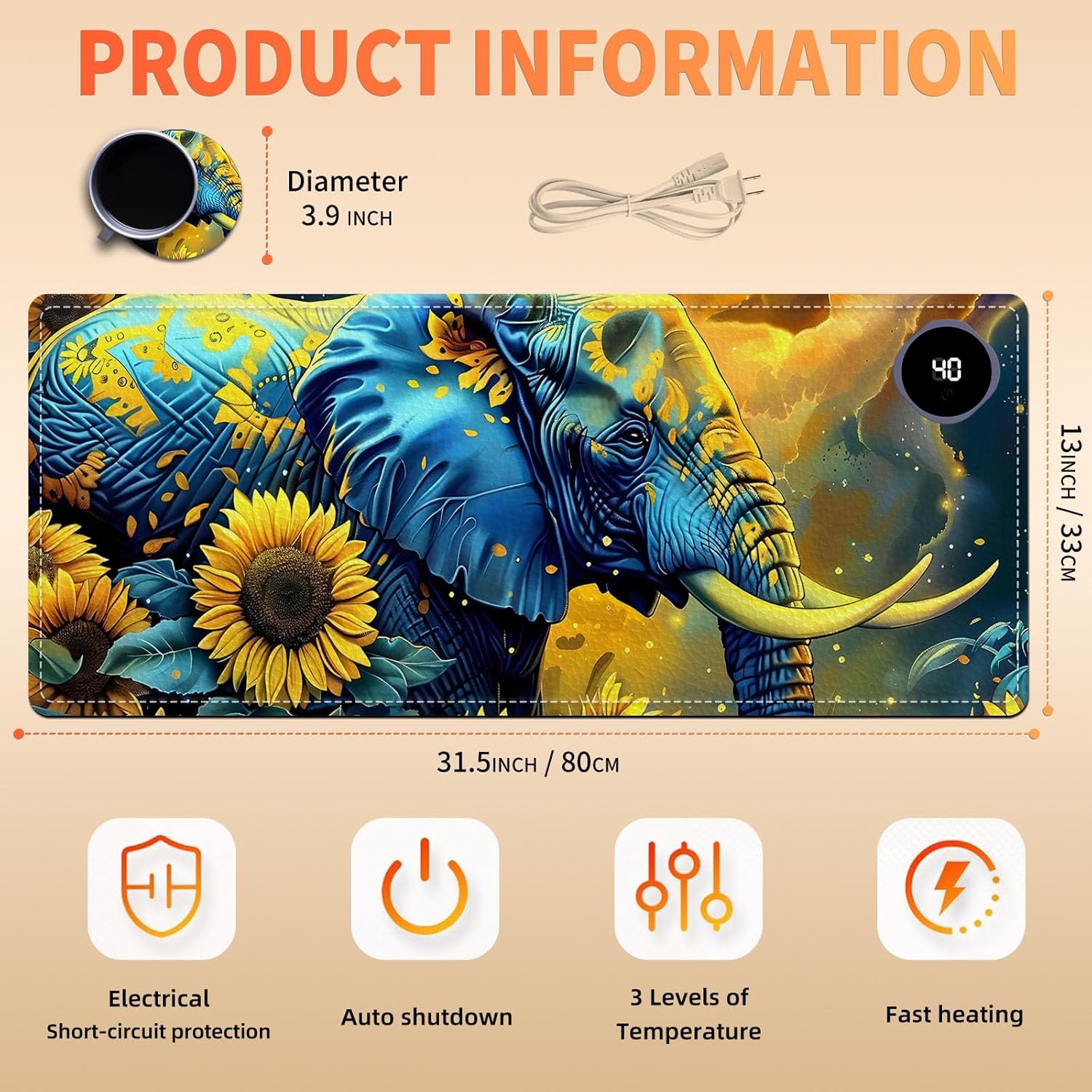 Heated Mouse Pad, Warm Desk Pad, Keyboard Mat 31.5 x 13 Inch Large Size Intelligent Fast Heating, 3 Speed Adjustable, Timed Auto Power Off for Game Office Home,Elephant in Sunflower Field
