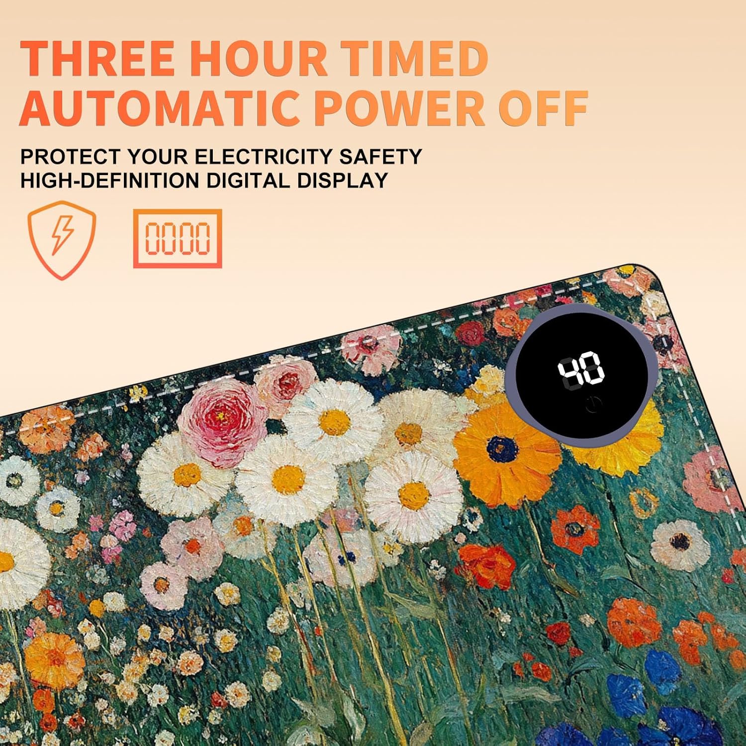 Heated Mouse Pad 23.6 x 14 in 3-Temp Fast Heating Desk Mat with Auto Timer Warmer for Hands Wrist Pain Relief Waterproof Keyboard Mat for Office, Gaming, Home, Floral Garden