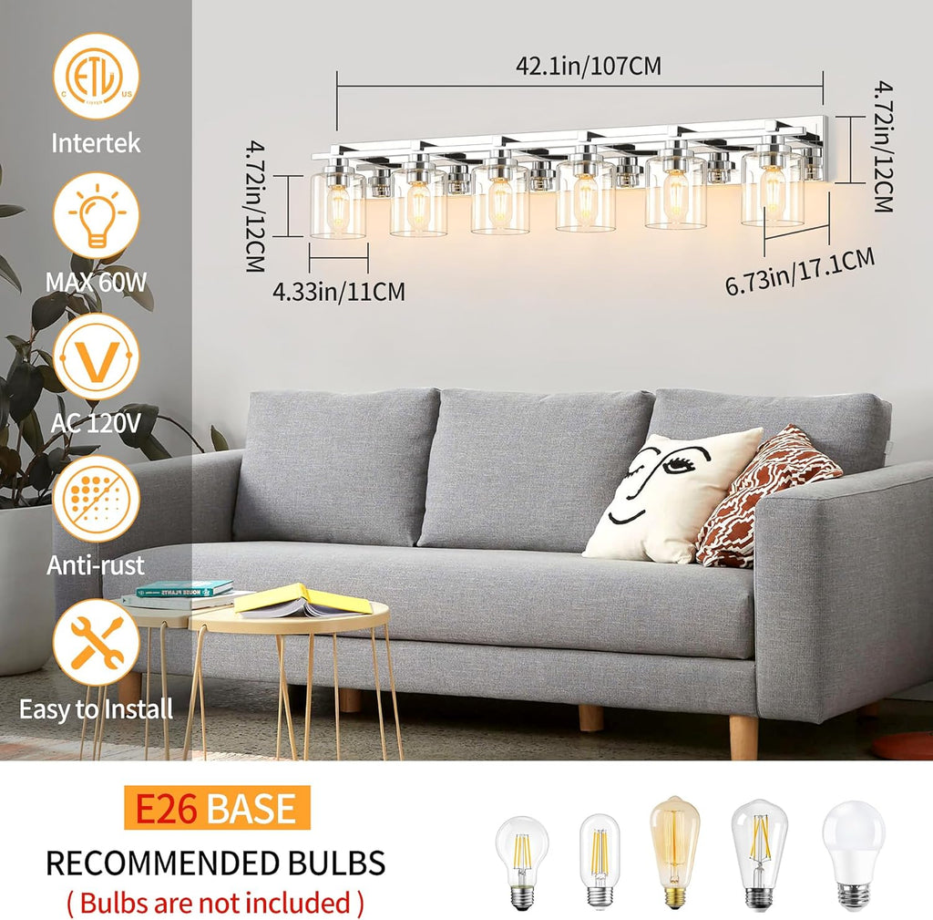 6 Light Modern Bathroom Light Fixtures Over Mirror, Chrome Vanity Lights for Bathroom Wall Sconces with Clear Glass Shades, E26 Socket (Bulbs Not Included)
