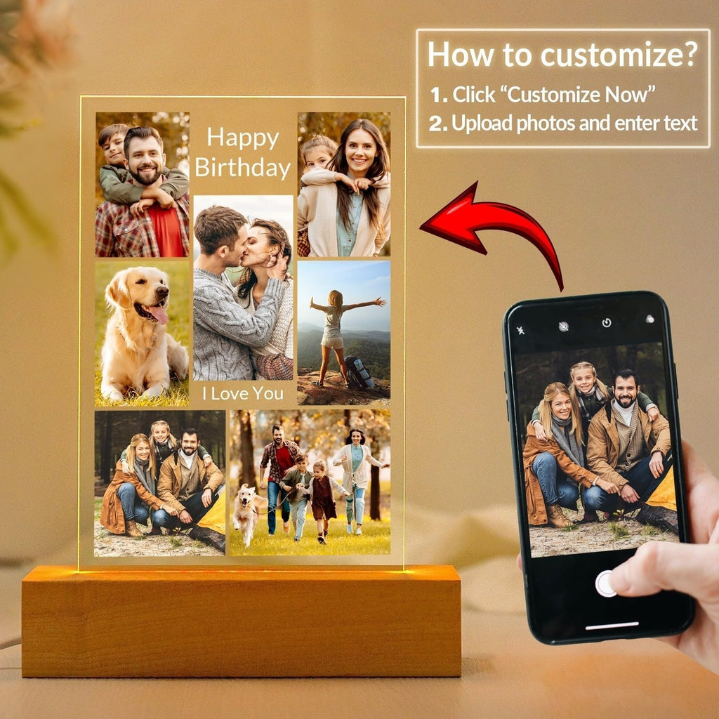 Custom Picture Frames with Photo, Custom Photo Frames with Night Light, Customized Picture Frame, Personalized Valentines Day Gifts for Women Men Her Him Mom Dad Family