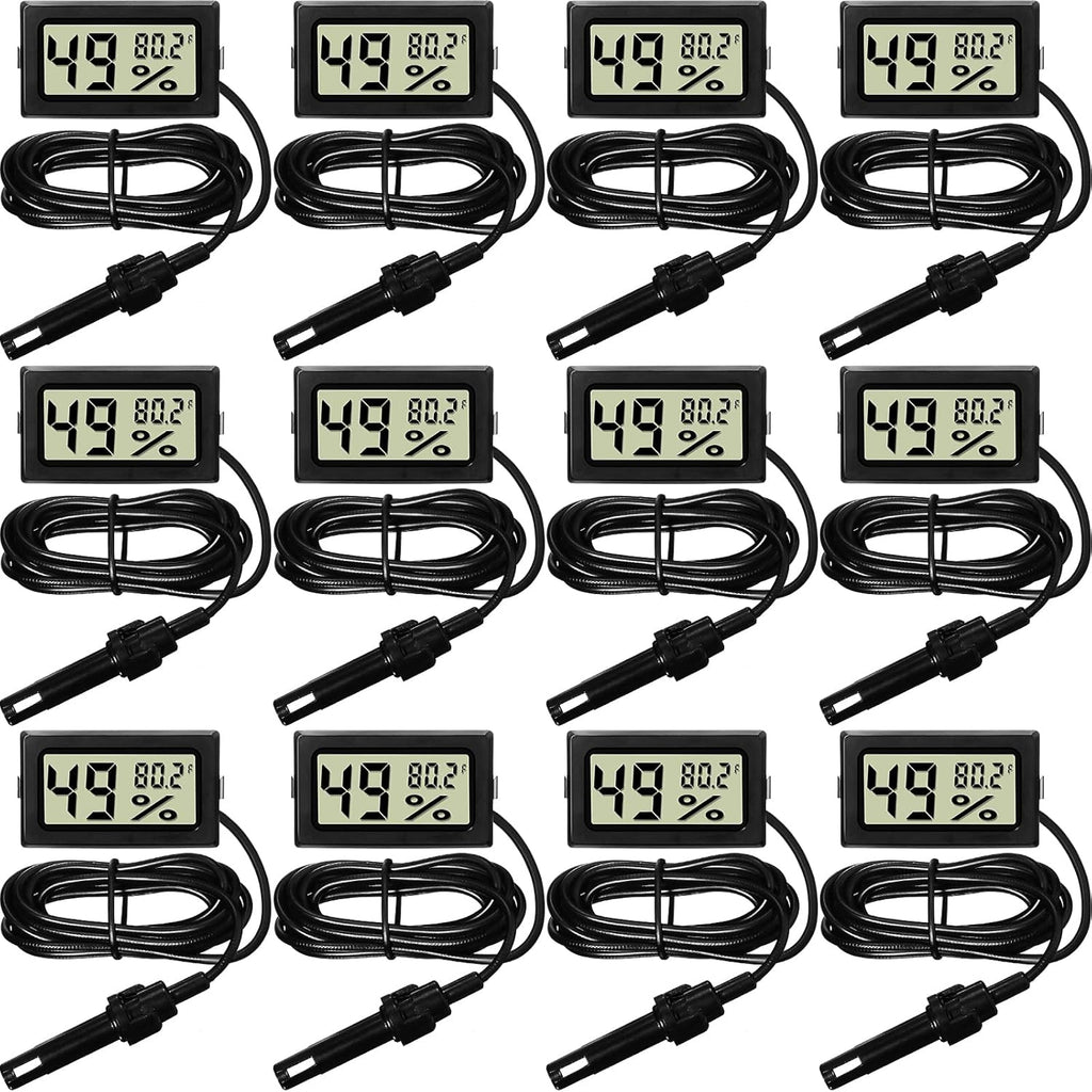 Weewooday Mini Digital Temperature Humidity Meters Gauge with Probe Gauge LCD Fahrenheit Display Thermometer Hygrometer for Incubator Reptile Plant Greenhouse Chicken Coop Garden(Black, 12 Pieces)