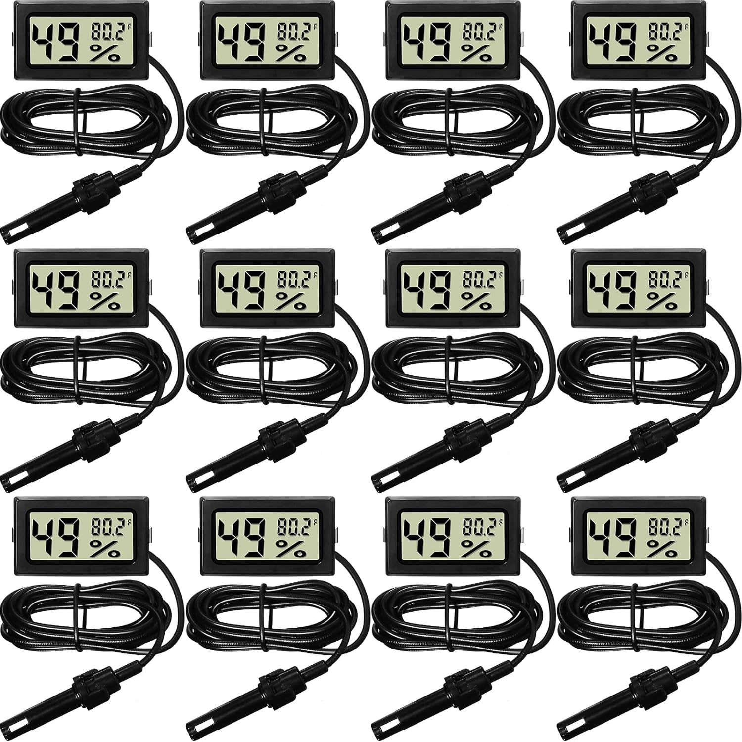 Weewooday Mini Digital Temperature Humidity Meters Gauge with Probe Gauge LCD Fahrenheit Display Thermometer Hygrometer for Incubator Reptile Plant Greenhouse Chicken Coop Garden(Black, 12 Pieces)