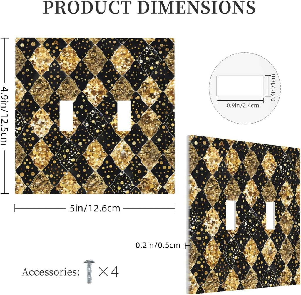 Gold Black Marble Geometric Plaid Glitter Decorative Switch Plates 2 Gang Double Toggle Outlet Light Switch Cover Wall Plate Electrical Faceplate for Bedroom Bathroom Decor