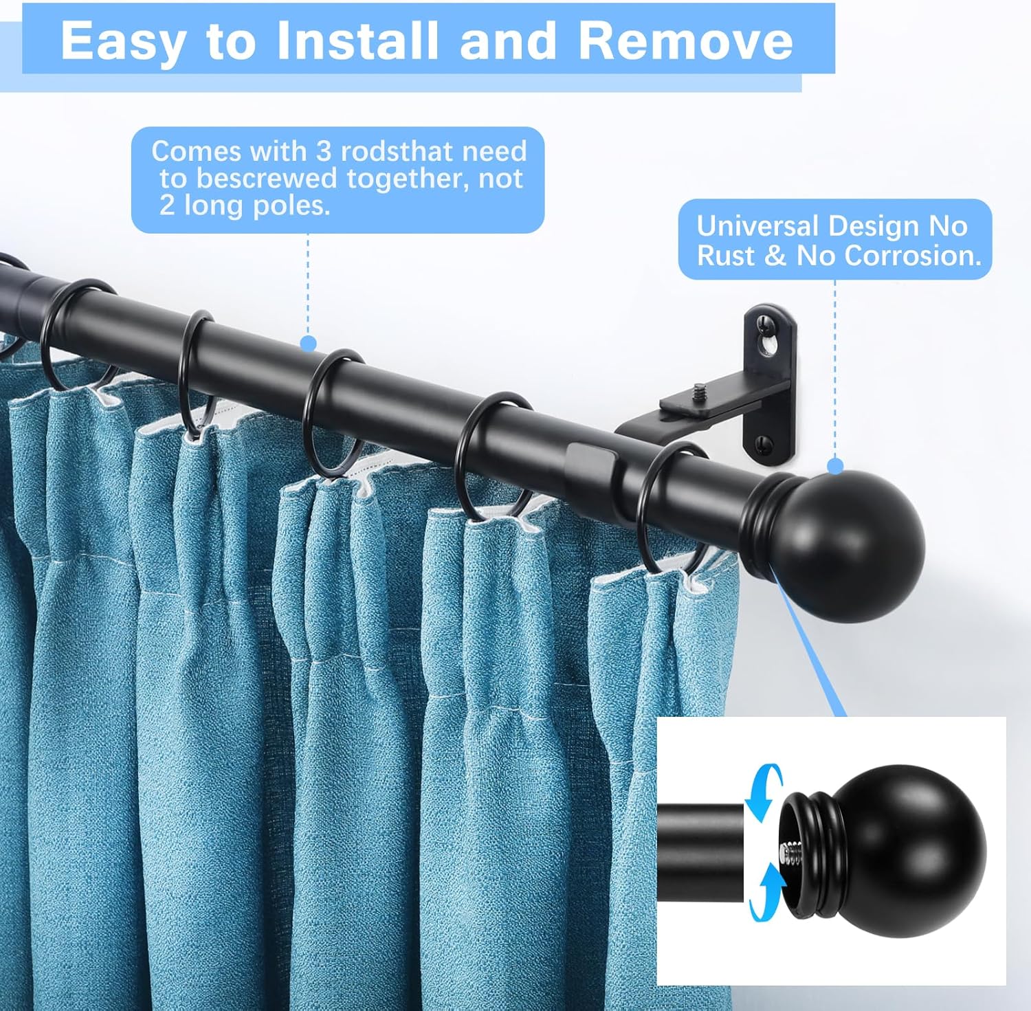 Curtain Rods for Windows 16 to 48 Inches, Curtain Rod Max Adjustable Length of 60 IN, 6/8" Diameter Drapery Rods Round Finials, Black, Pack of 2
