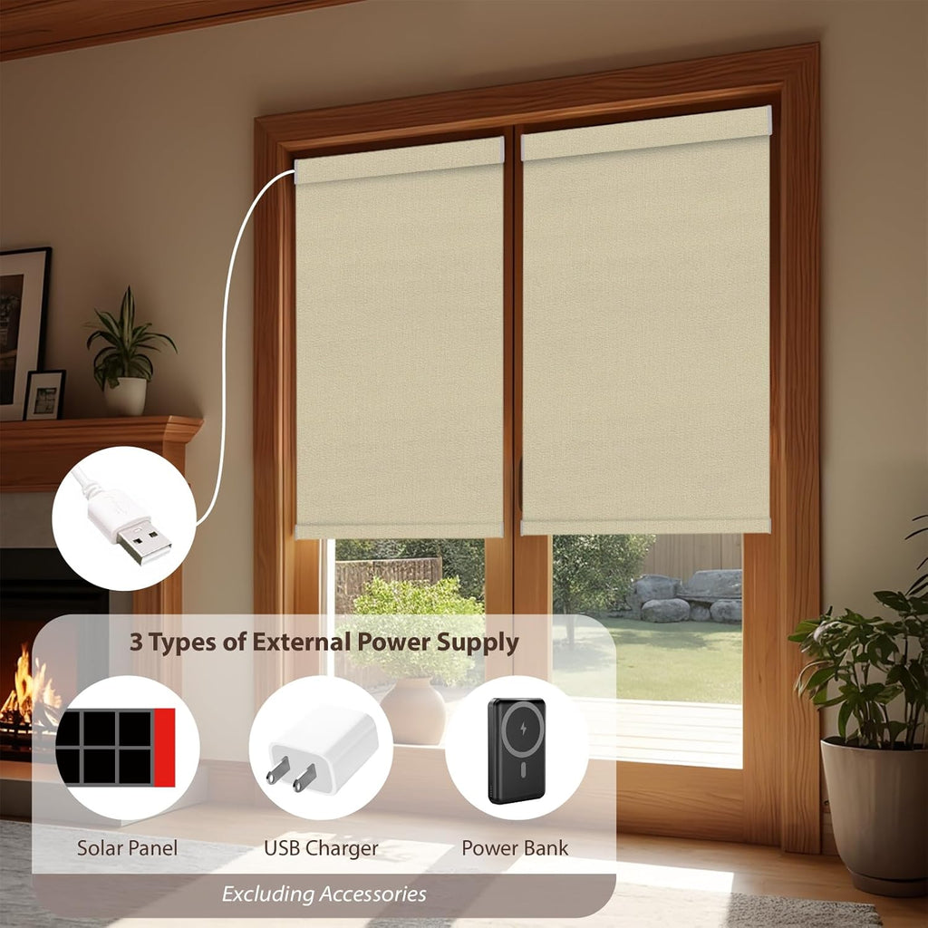 Motorized Roller Blinds with Remote, 100% Blackout Automatic Roller Shades for Bedroom, Bathroom, and Living Room, Customized Size, Morning Beige
