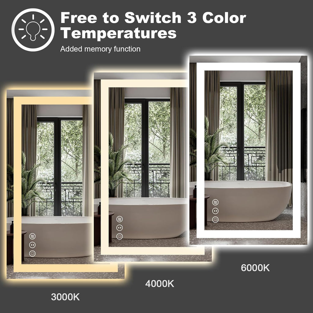 Amorho LED Bathroom Mirror, 60" X32" with Front and Backlight, Stepless Dimmable Wall Mirrors with Anti-Fog, Shatter-Proof, Memory, 3 Colors, Double LED Vanity Mirror