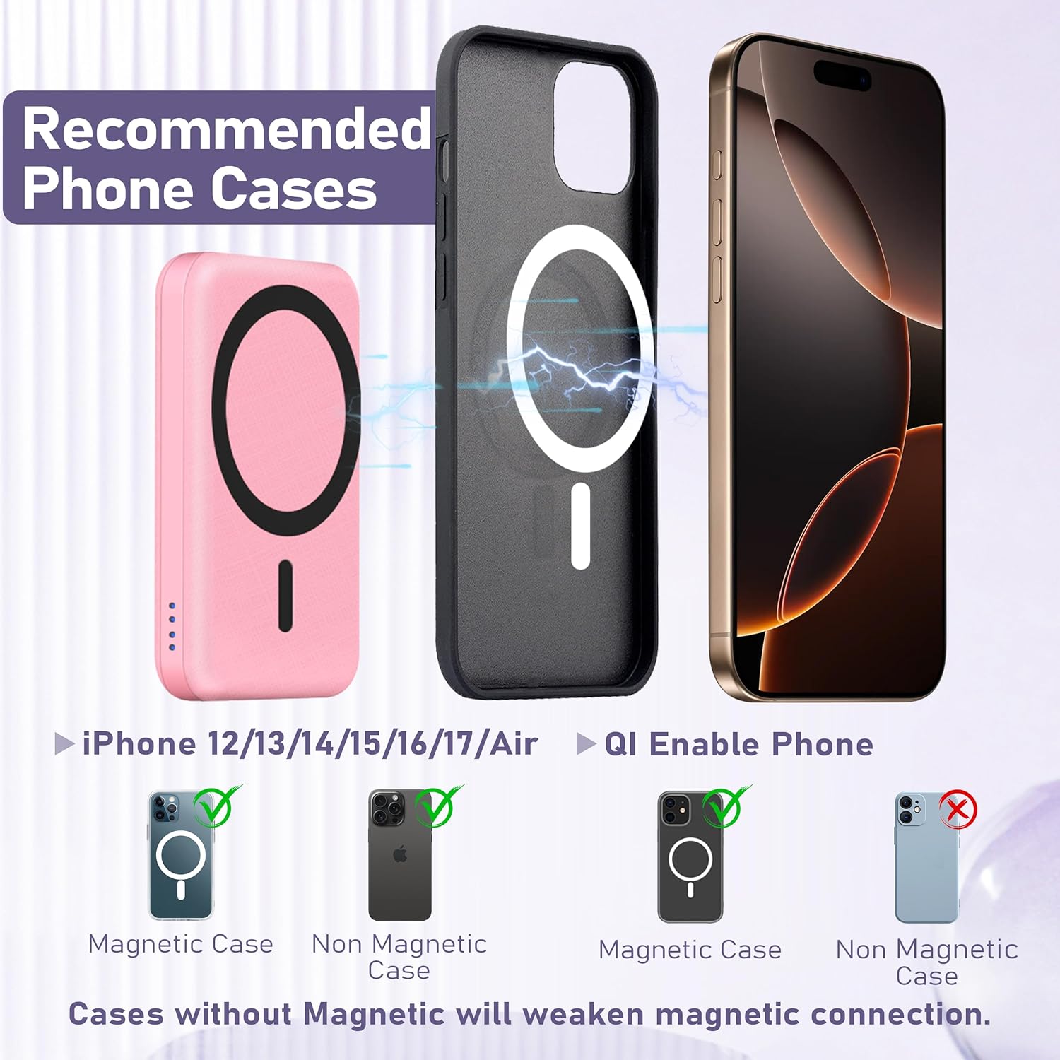 3 in 1 Wireless Charging Station: 5000mAh Removable Power Bank Charger Stand for Phone/Watch/Air Pods - Portable Magnetic Battery Pack for Air 17 16 15 14 13 12 Series Pink