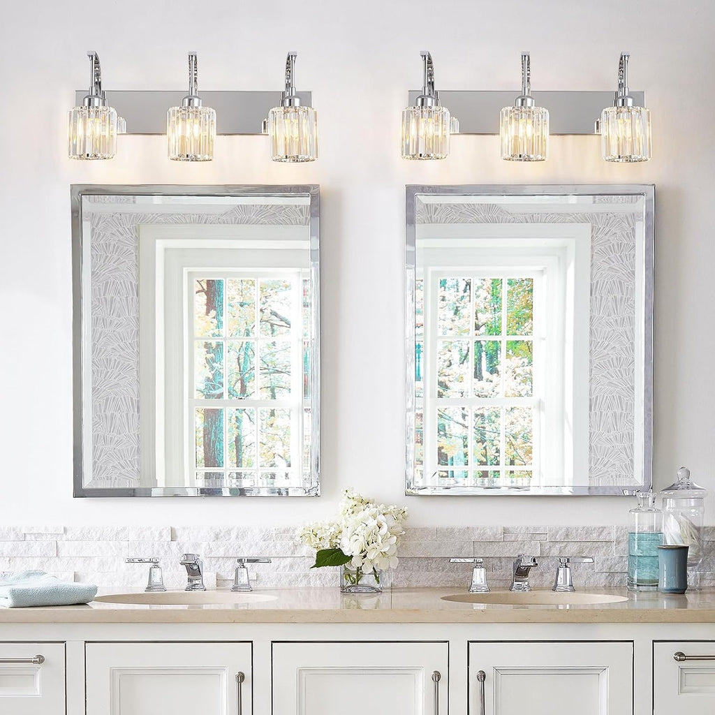 3-Light Crystal Vanity Light, Modern Chrome Bathroom Wall Sconce with K9 Crystal Shades, 23.62" Long Over Mirror Lighting for Vanity, Makeup, Hallway, Elegant & Durable