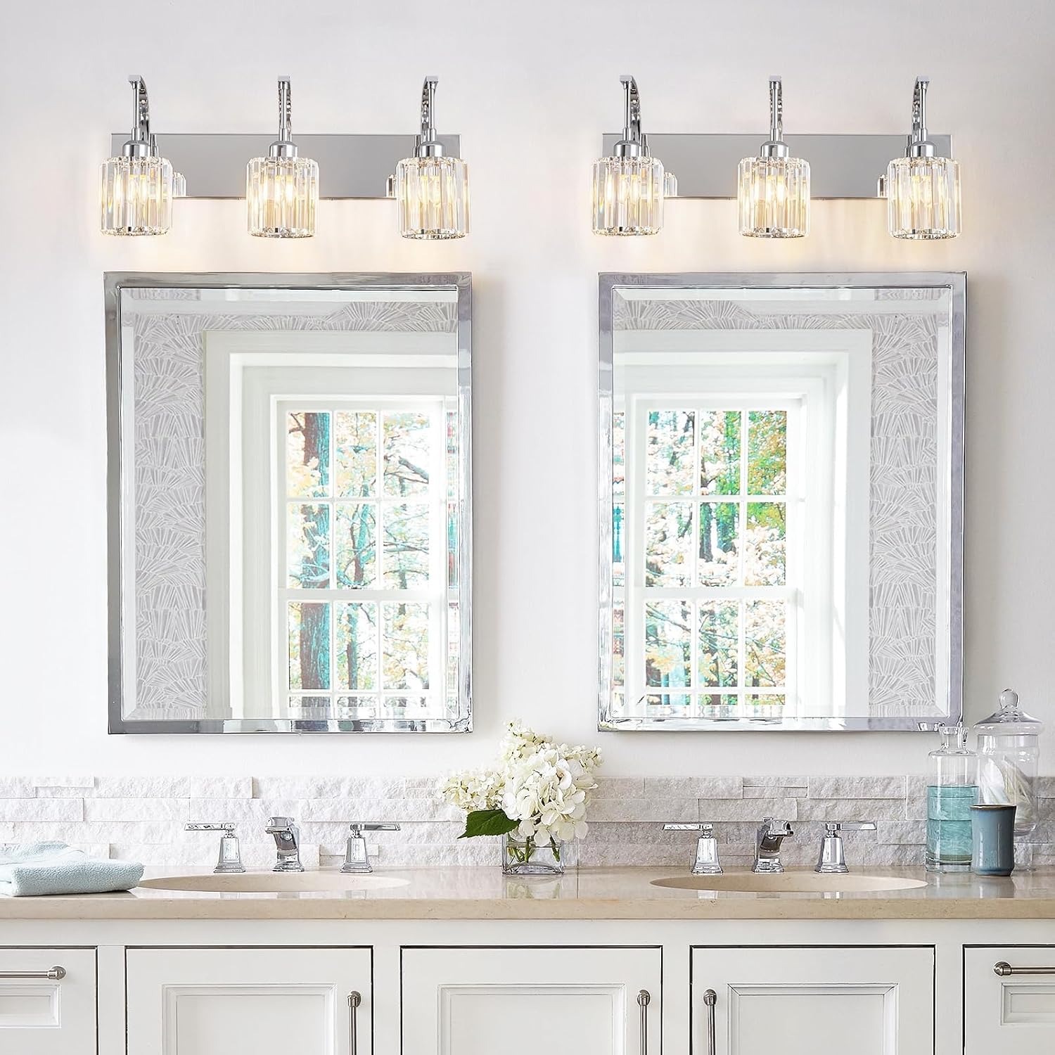3-Light Crystal Vanity Light, Modern Chrome Bathroom Wall Sconce with K9 Crystal Shades, 23.62" Long Over Mirror Lighting for Vanity, Makeup, Hallway, Elegant & Durable