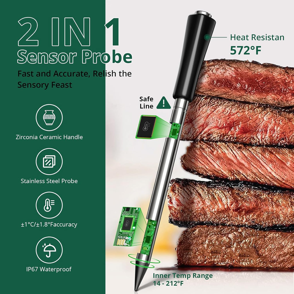 Meat Thermometer Digital Wireless, Bluetooth Smart Meat Thermometer with APP 500FT Remote for Grilling and Smoker,Portable Cooking Temperature Probe for Oven, Outside Grill and BBQ | IP67 Waterproof