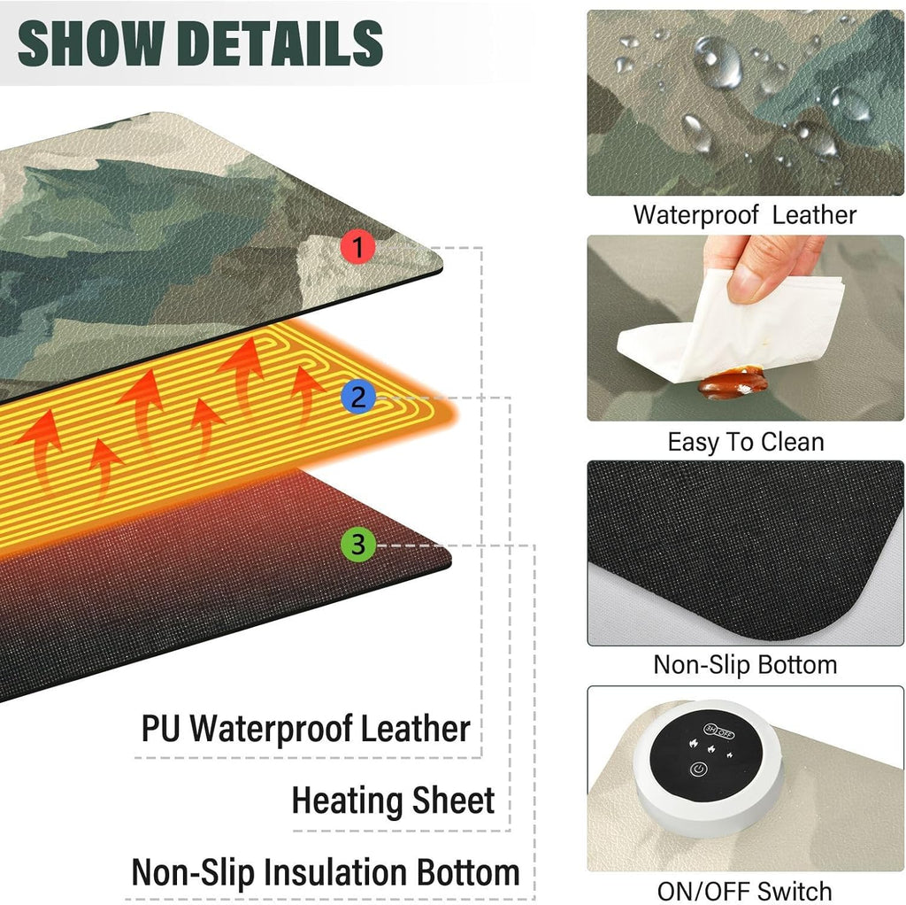 Heated Desk Pad Mouse Pad 31.5x13 Inch PU Leather Desk Mat with 3 Heat Levels Large Mouse Gaming Computer Laptop Mat Sage Green Camounflage Mountain