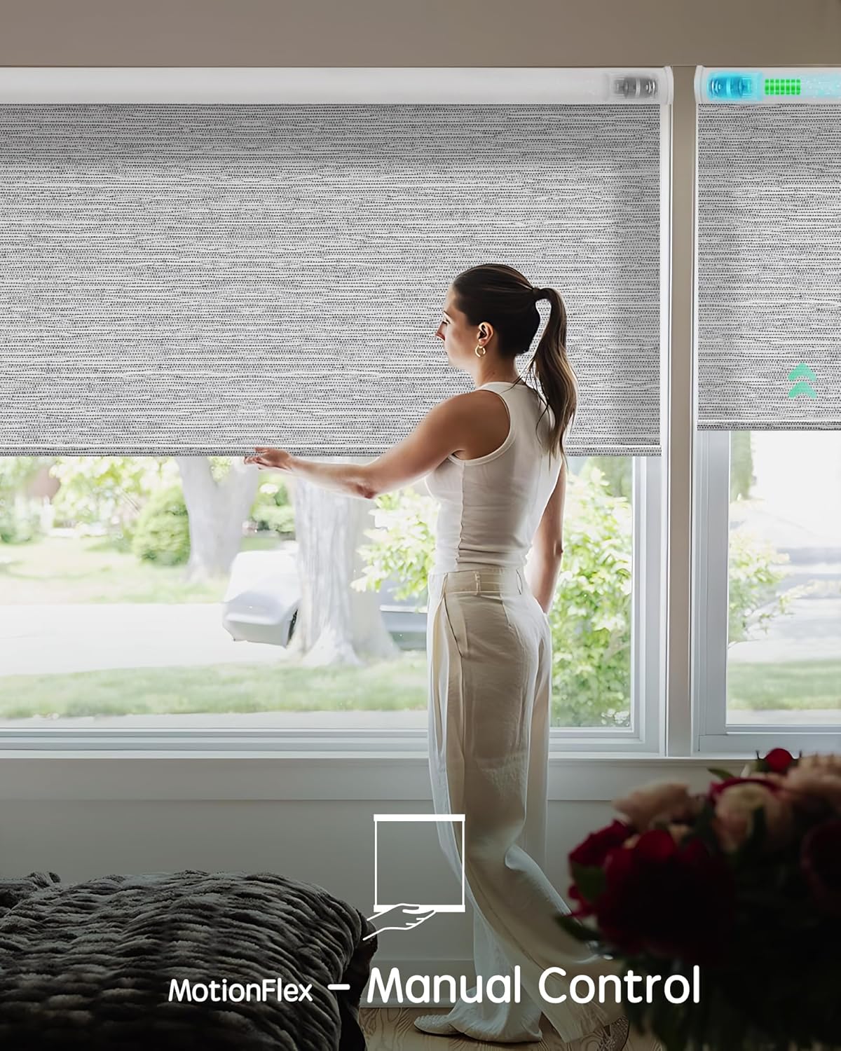 Yoolax Motorized Shades Dual Control, MotionFlex Motorized Roller Shades with App & Manual Control, Pull Down Automatic Shades for Indoor Windows, Custom Size(Light Filtering Foggy Gray)