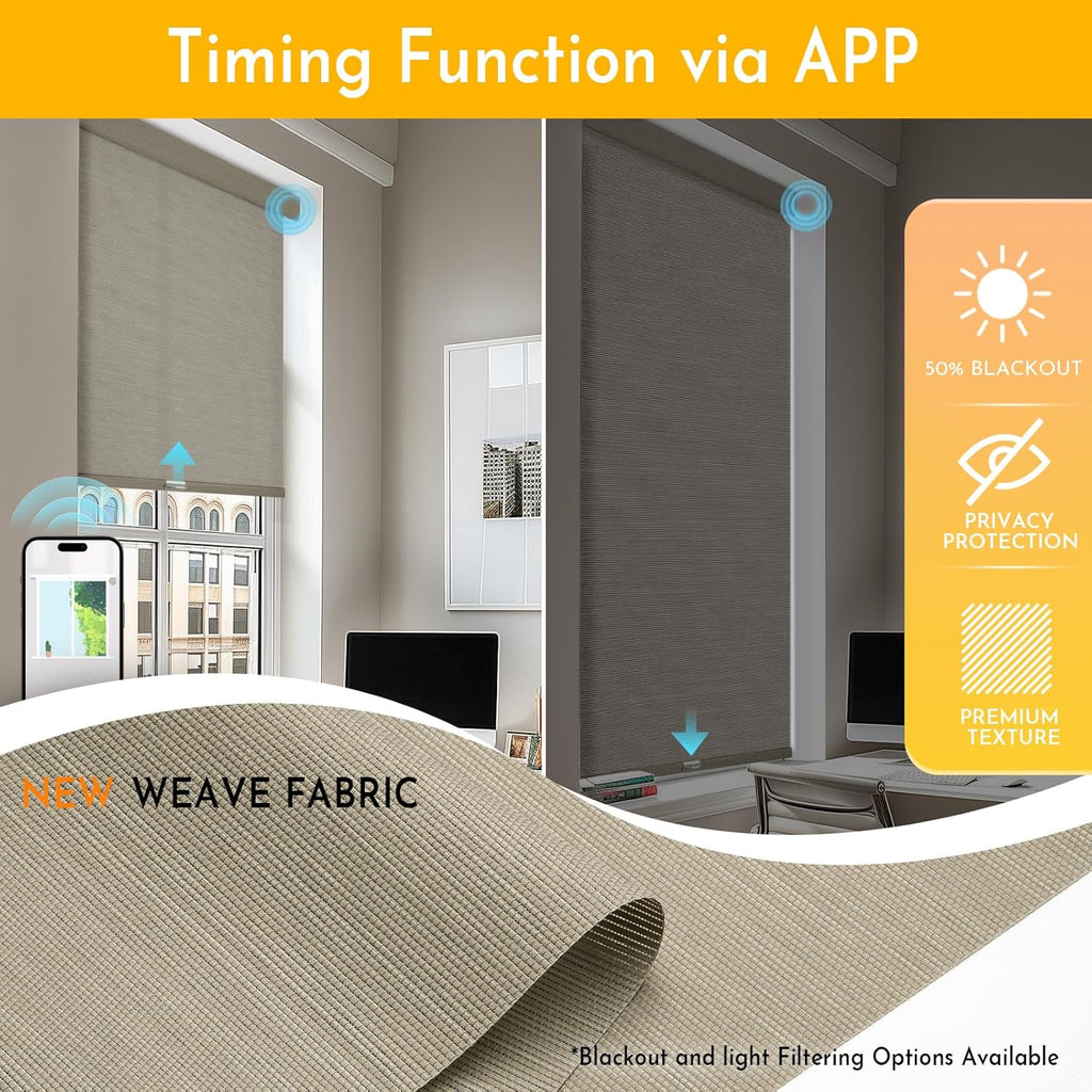 Persilux Smart Motorized Blinds with Remote, No Drill Automatic Roller Shades for Indoor Windows, Light Filtering Linen Fabric, Electric Blinds for Windows, Weave Caribou C162-5, Custom Size