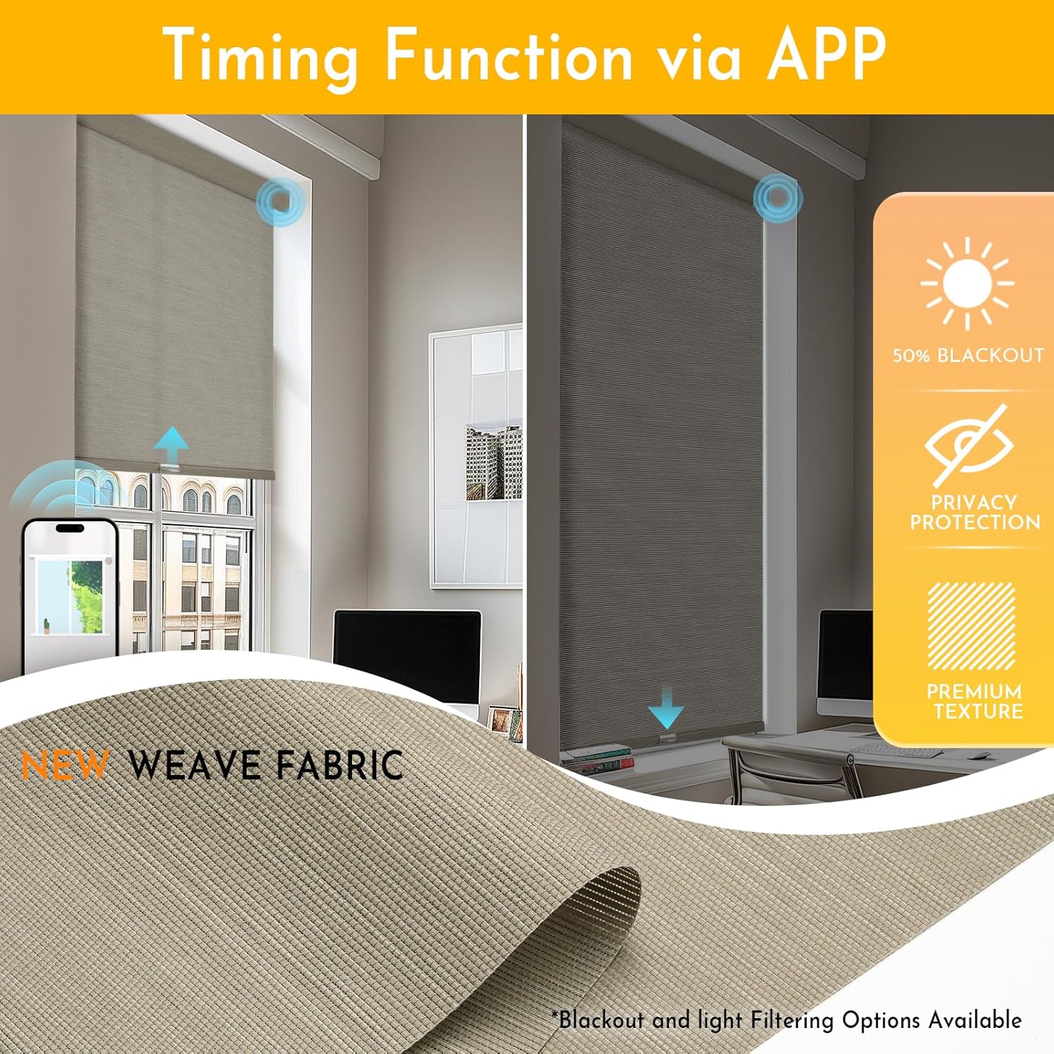 Persilux Smart Motorized Blinds with Remote, No Drill Automatic Roller Shades for Indoor Windows, Light Filtering Linen Fabric, Electric Blinds for Windows, Weave Caribou C162-5, Custom Size
