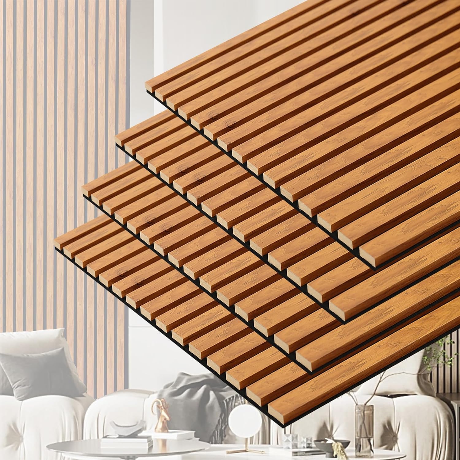 3D Slat Acoustic Wall Panels with Wood Finish Accent, 4 Pack Sound Absorbing Paneling for Studio, Office, Living Room, Bedroom Interior Decor (Natural Walnut, 48''L x 24''W)
