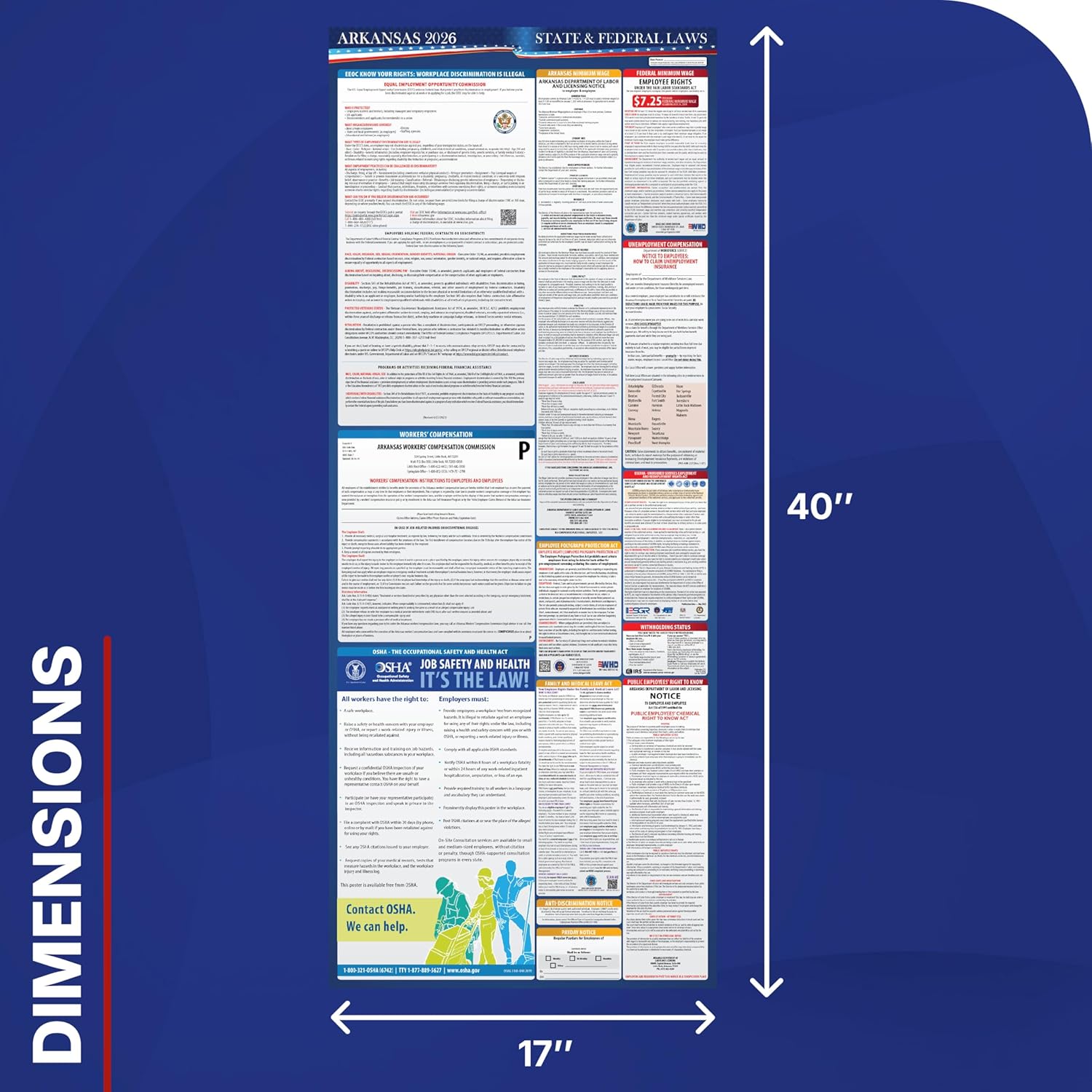 2026 Arkansas State and Federal Labor Law Poster - OSHA Workplace Compliant - Mandatory Regulations Posting for Employees - All in One Required Compliance Posting 17" x 40" - Laminated (English)
