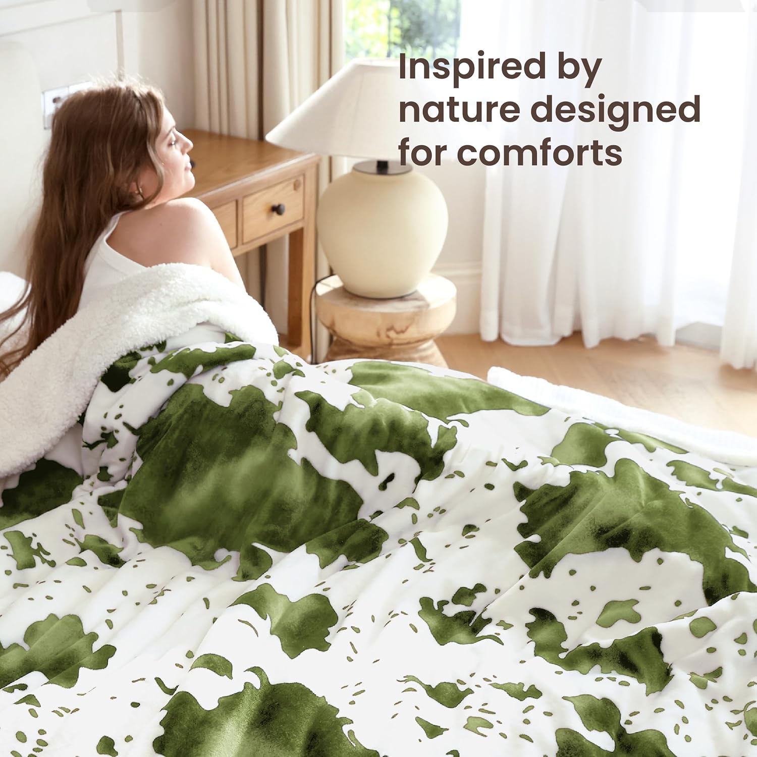 Cow Print Electric Heated Blanket Queen-Dual Control Heating Blanket Queen Size with 10 Heat Levels & 10 Hours Auto-Off, Cozy Soft Fleece Sherpa, Washable, 84x90 Inche Cow Print Sage