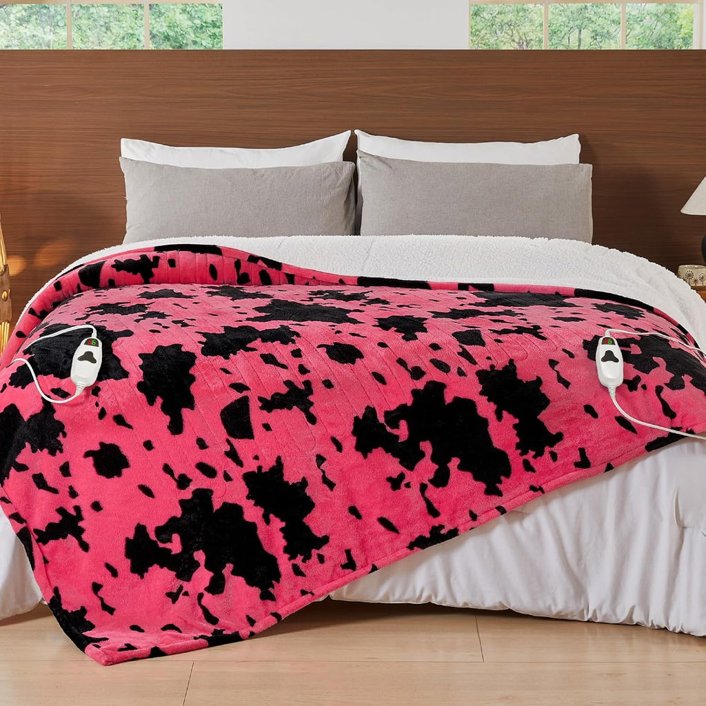 Cow Print Electric Heated Blanket Queen Size,84X90 Pink Heating Blanket Queen with Dual Control&Timer&10 Heat Levels,Highland Cow Decor Fleece Sherpa Blankets Warmer Gifts for Bed Women Adults