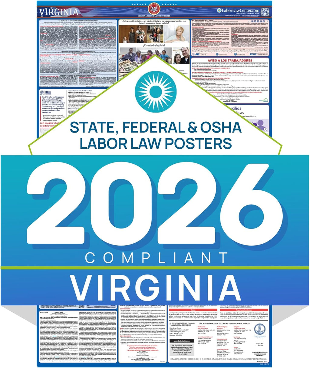Virginia 2026 Labor Law Poster – State & Federal Compliance – OSHA, EEOC, FMLA, Minimum Wage – Durable, Laminated & Waterproof Workplace Employment Poster – Made in USA – 26” x 39.5”