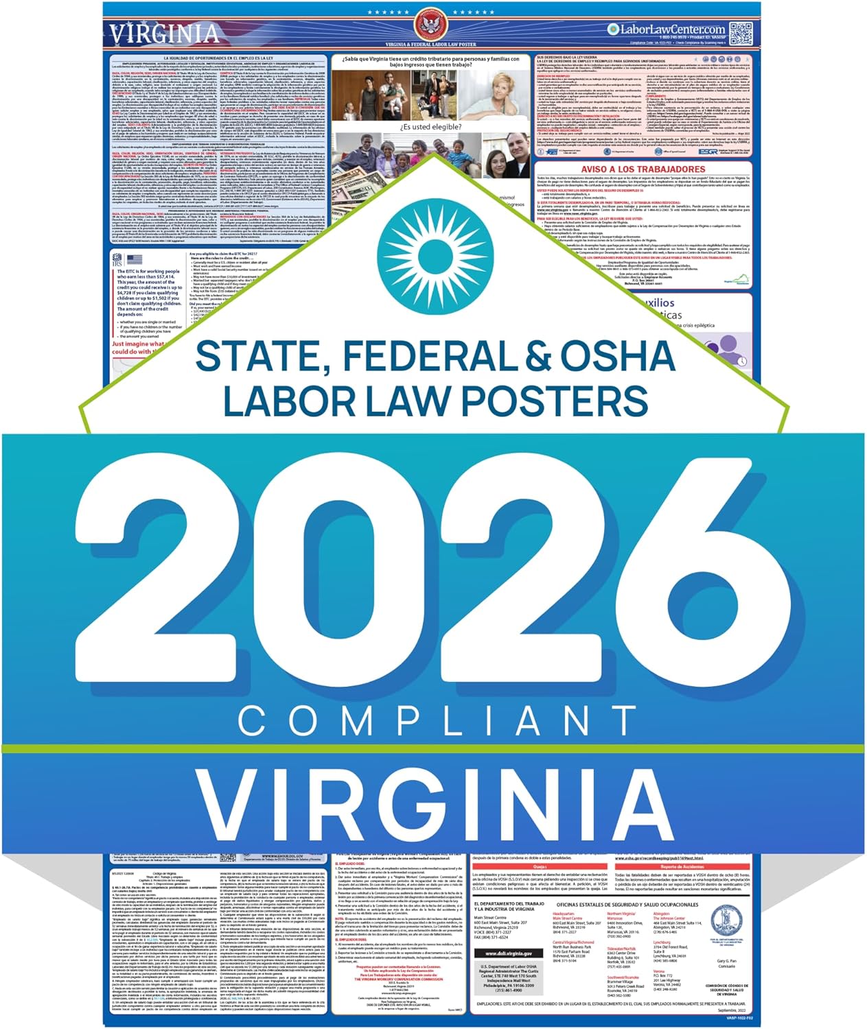 2026 Virginia Labor Law Poster – State & Federal Compliance in Spanish – OSHA, EEOC, FMLA, Minimum Wage – Durable, Laminated & Waterproof Workplace Employment Poster – Made in USA – 26” x 39.5”