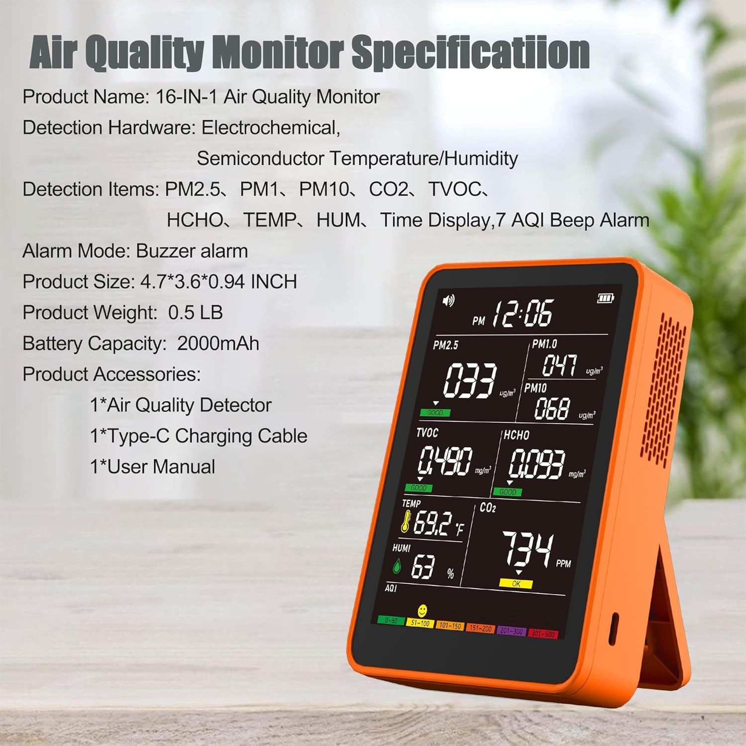 Professional Indoor Air Quality Monitor with AQI, Portable Real-Time Detector for Home Cars Plants and Pets (Orange)