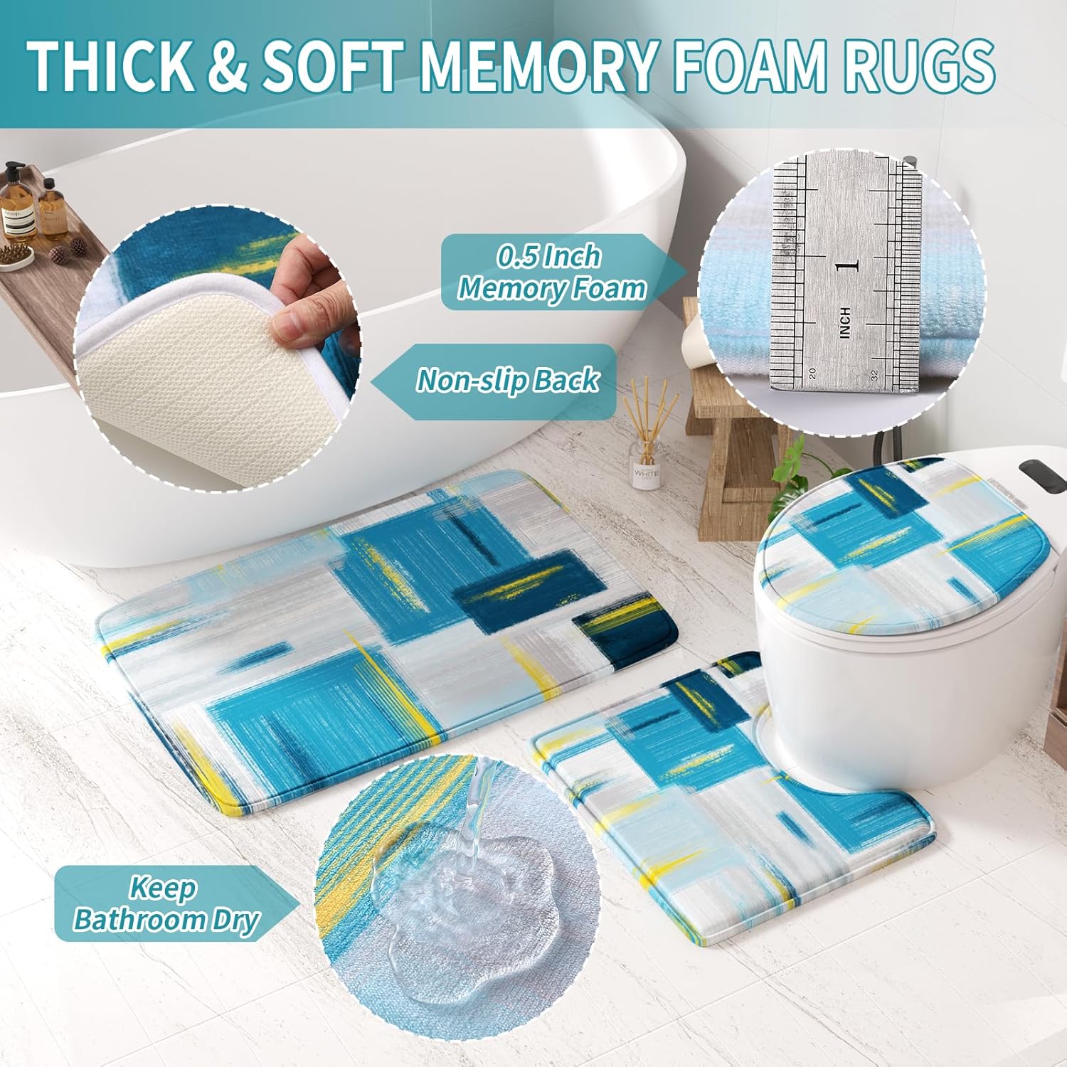 Bathroom Accessories Set - 25PC Bathroom Set with Shower Curtain and Rugs, Teal Blue Bathroom Set, Bathroom Accessory Set with Press-on Lid Trash Can, Soap Dispenser and Qtip Holders