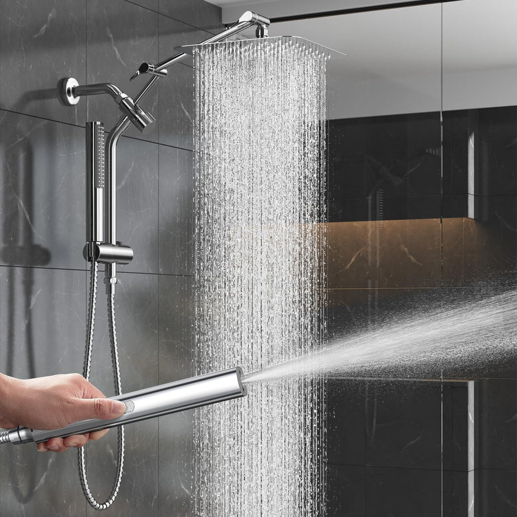 Veken 10" Luxurious All Metal Rain Shower Head with Handheld, High Pressure Rainfall Shower Heads wih Extension Arm, Wide Dual Showerhead with Spray Combo, Bathroom Accessories, Chrome, Silver