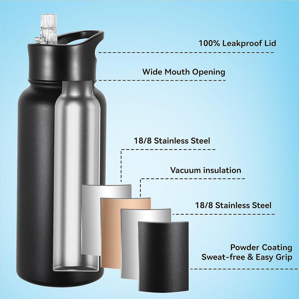 VEGOND 32 oz Insulated Water Bottle Bulk Stainless Steel Metal Water Bottles with Leak Proof Straw Lid & Spout Lid, Wide Mouth Double Walled Vacuum Travel Sports Bottle, Black 4 Pack