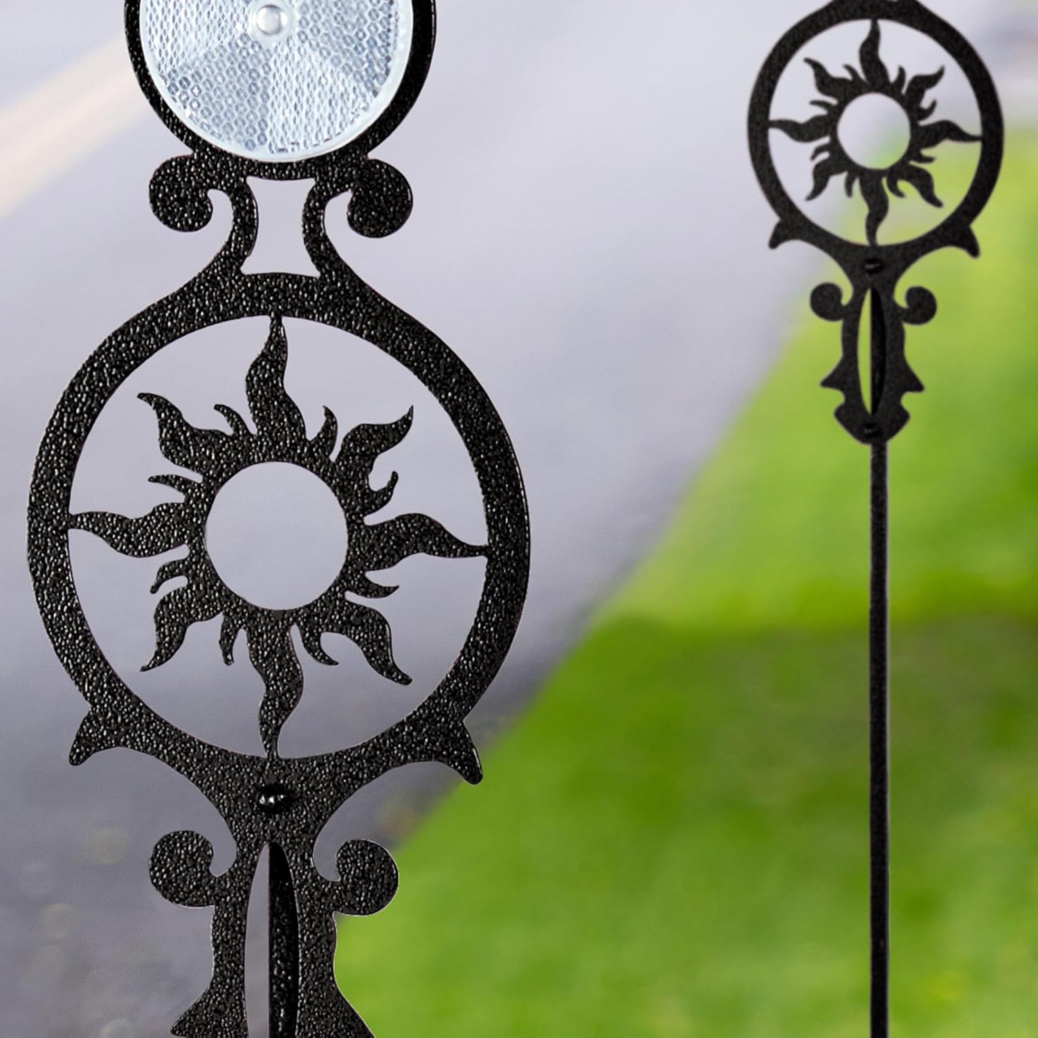 Touch of Class Pathways Reflective Driveway Marker Stake Set of Two for Outdoor Use | Radiating Sun Design | Personalized Tall Reflector Set of 2 | Black Durable Finish