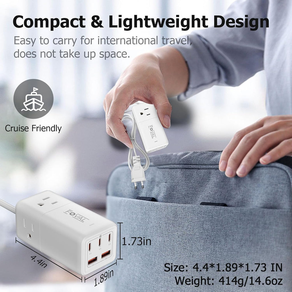 European Travel Plug Adapter, FOVAL US to UK Europe Power Strip 75W USB C Charger with 5 USB Ports, 3 AC Outlets, 5ft Extension Cord, for Spain, France, Ireland, Travel Home Cruise Ship